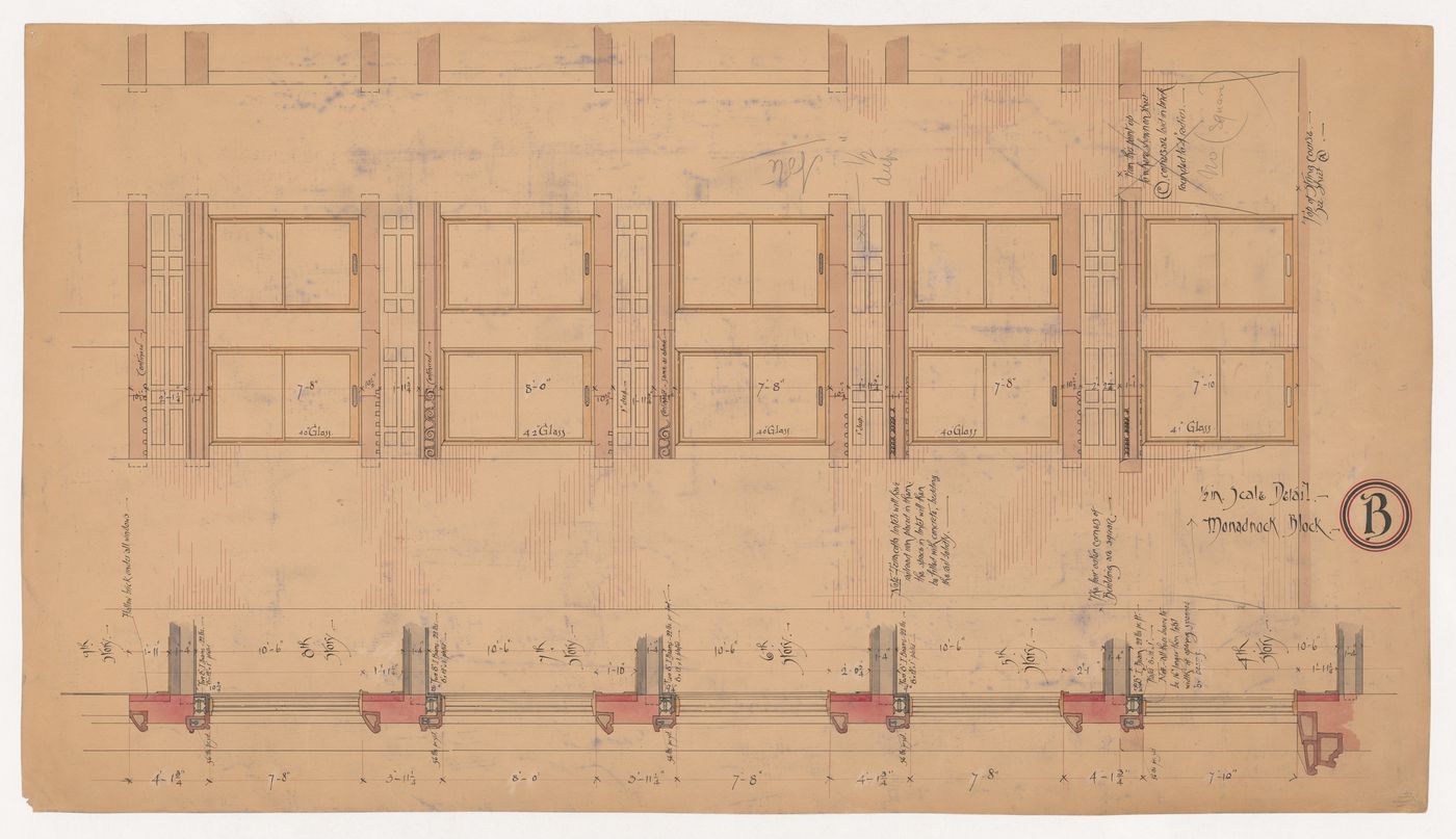 Monadnock Block, Chicago: Partial elevation and wall section showing fourth through eighth floor fenestration