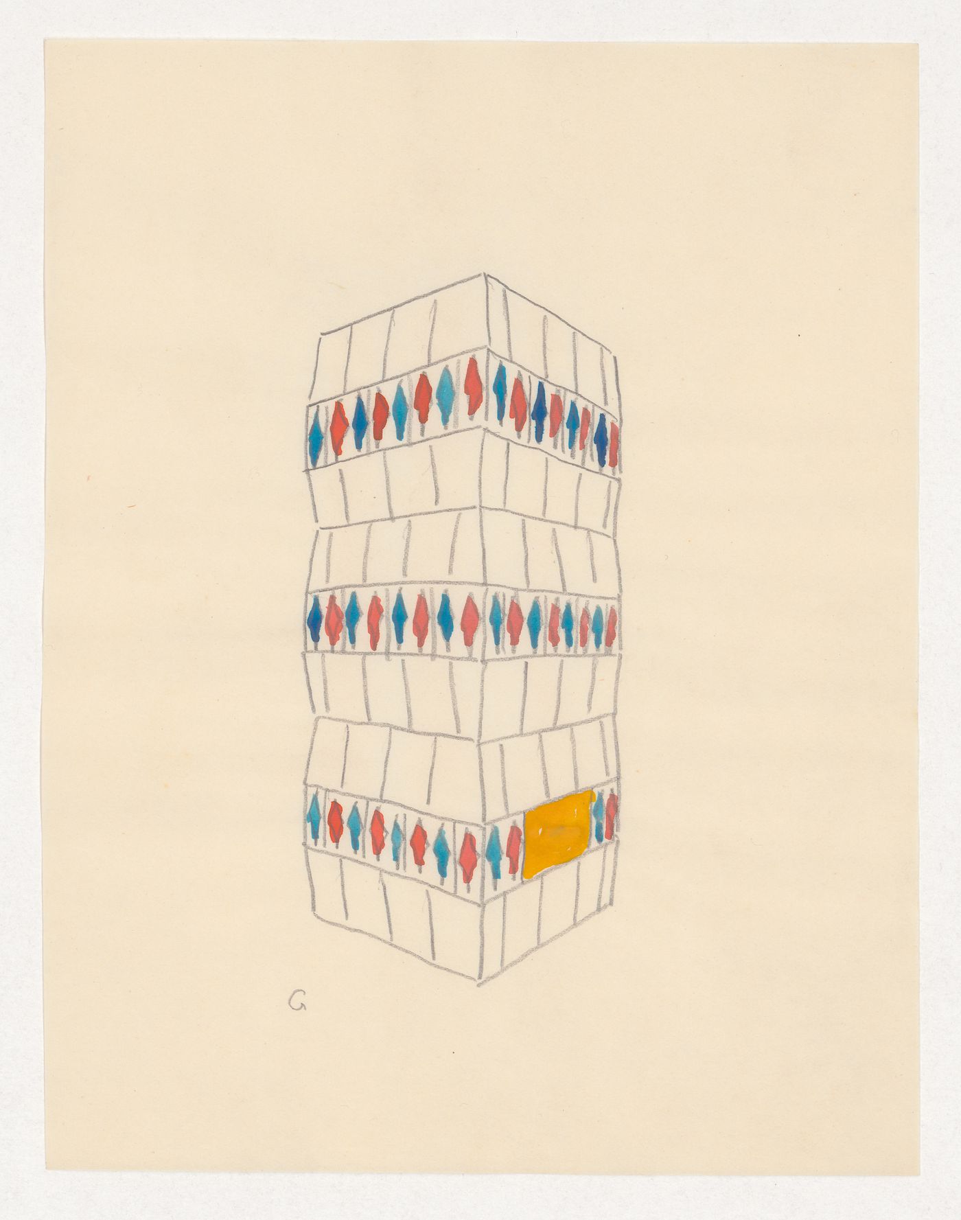 Perspective sketch for a tiled stove with faceted sides