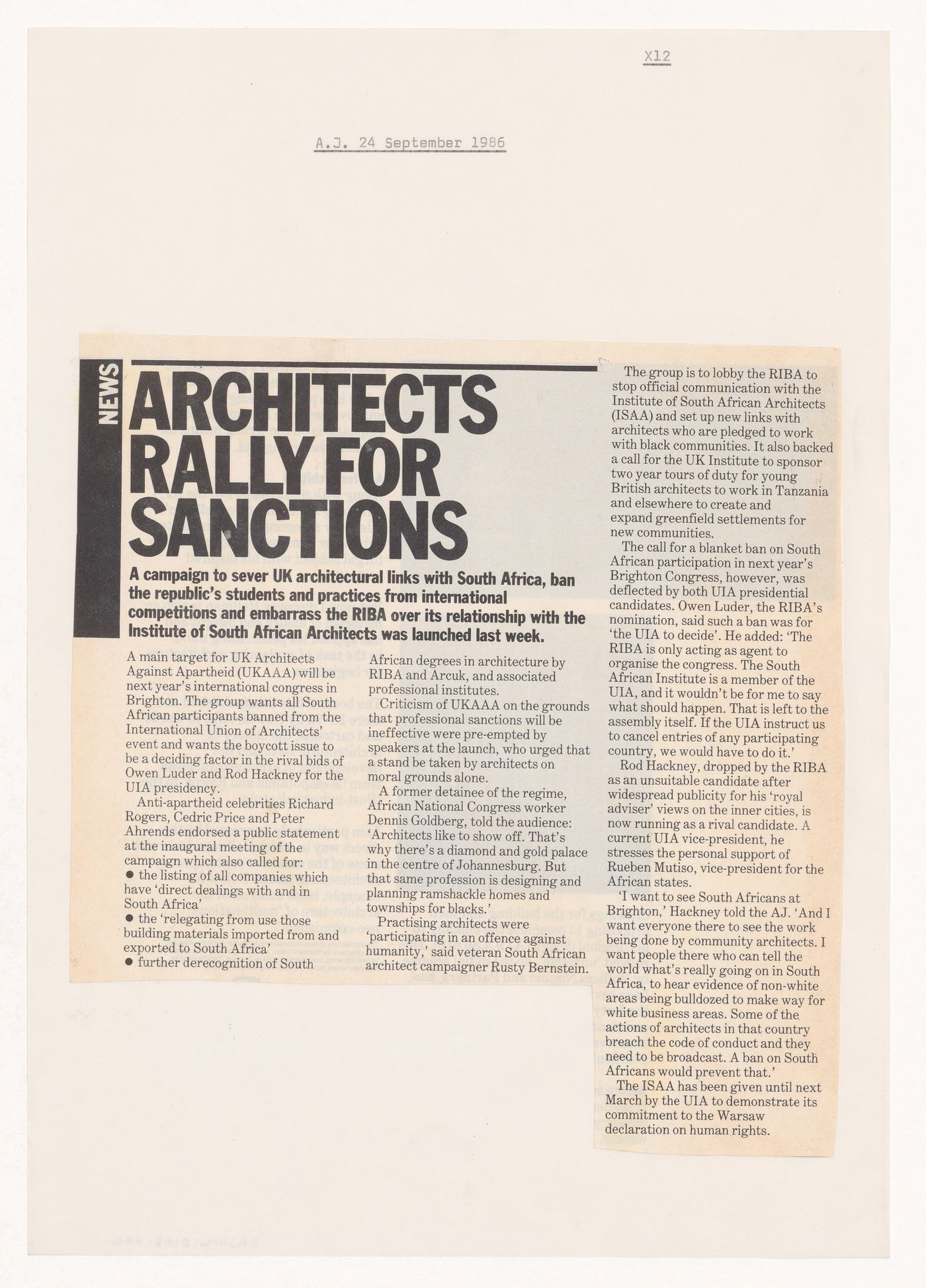 Newspaper clipping, "Architects rally for sanctions"