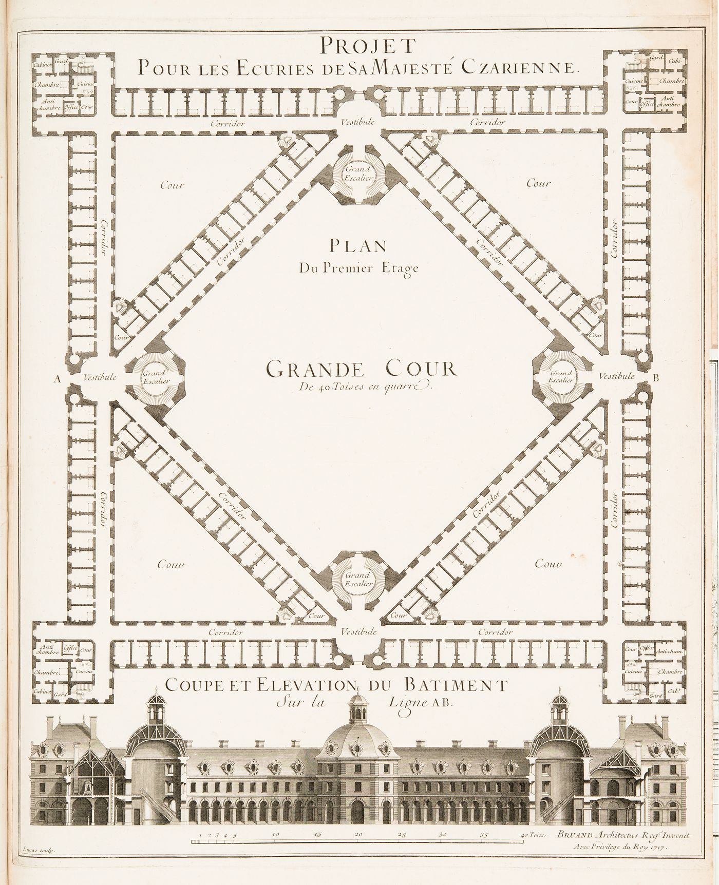 Design by François Bruant for a stable for the Czarina: First floor plan and sectional elevation through the large courtyard