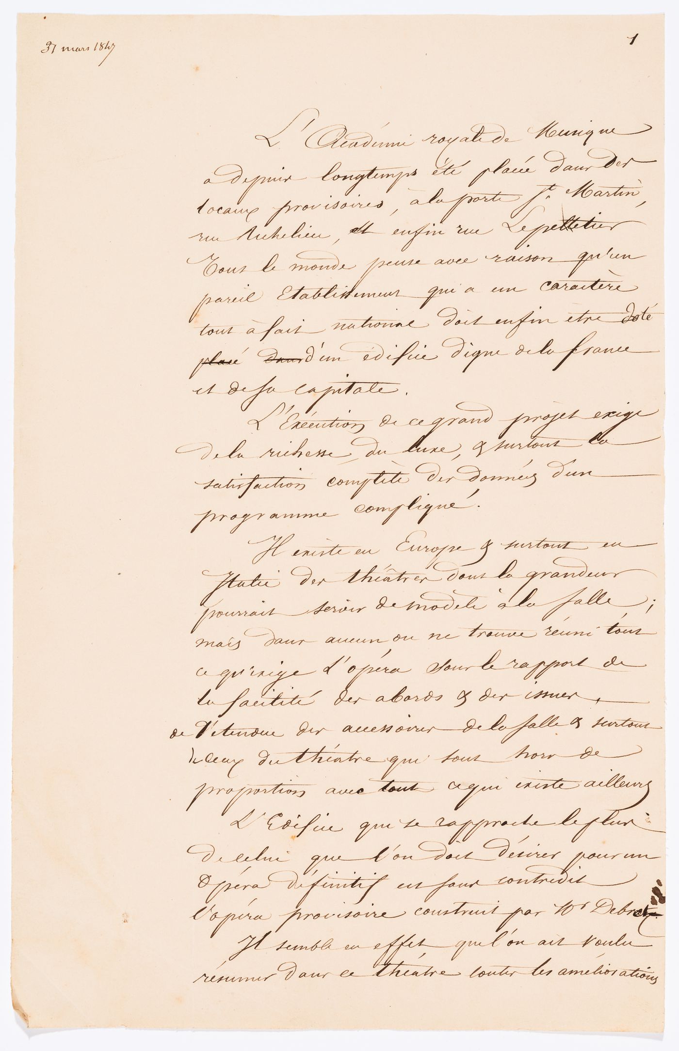 Manuscript concerning the construction of an opera house for the Académie royale de musique