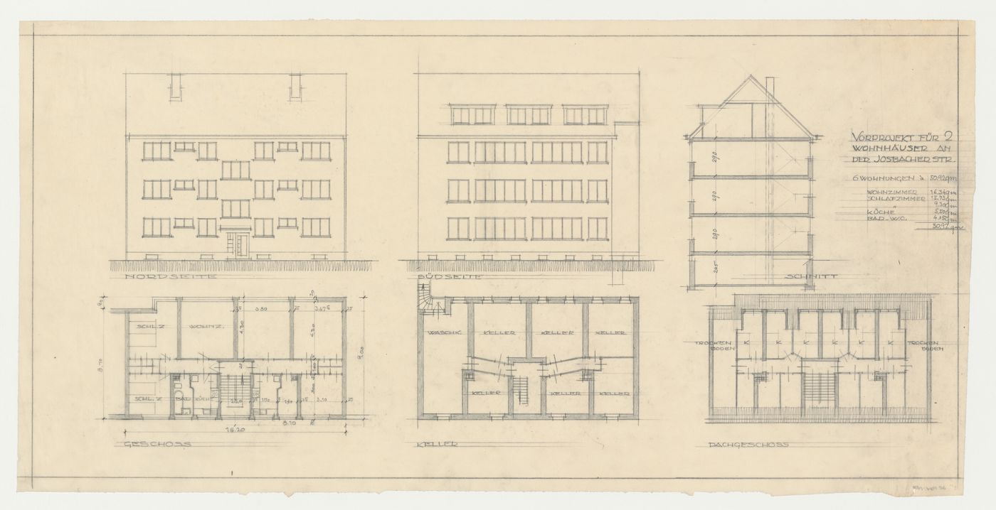 Ground, basement and roof plans, elevations and section for a two bedroom house, Josbacher Strasse, Frankfurt am Main, Germany