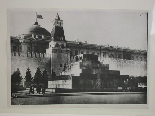 View of the stone Lenin Mausoleum with the Senate Tower and Senate Building in the background, Red Square, Moscow