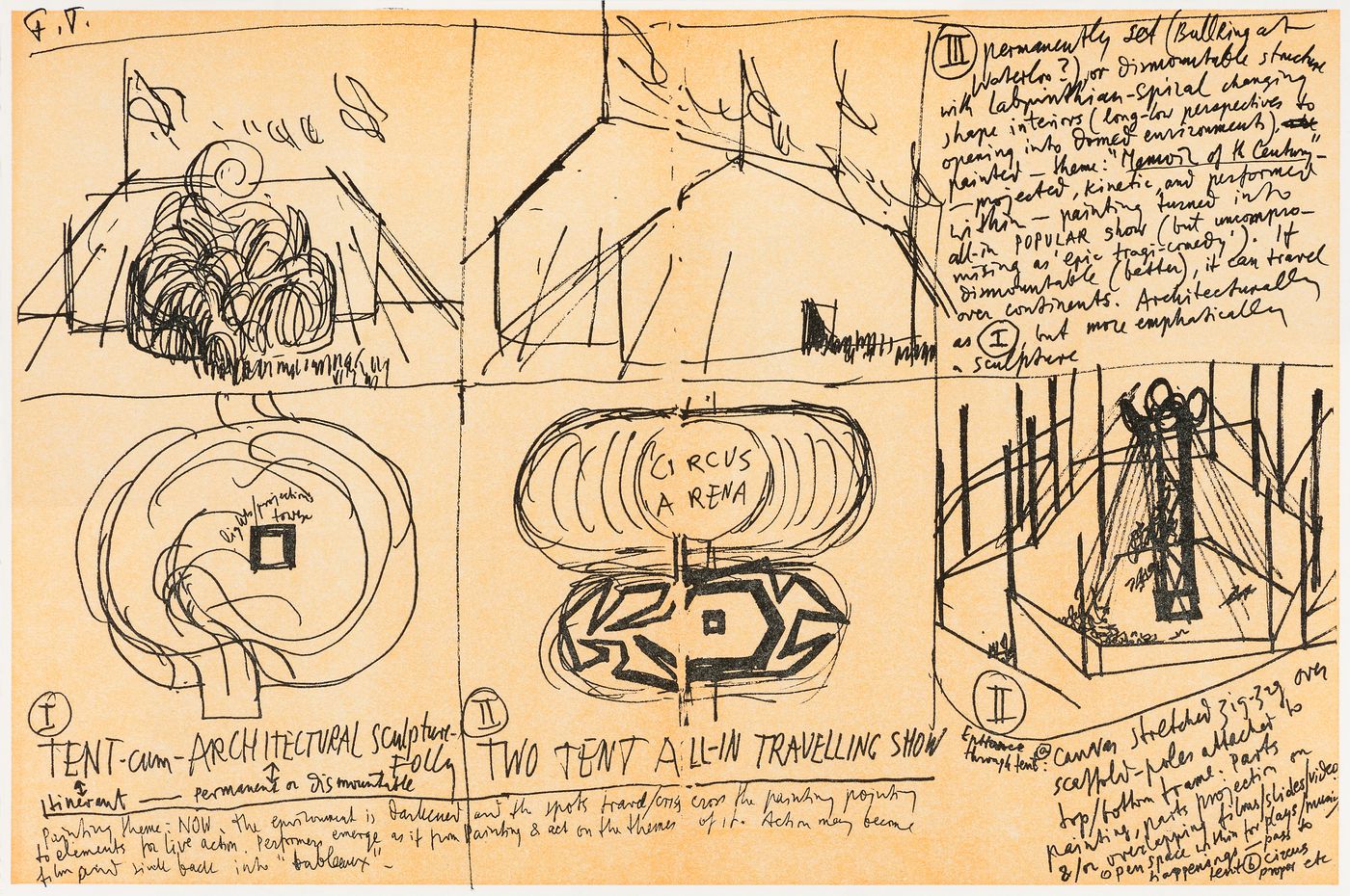 Illustration showing conceptual sketches and notes for Waterloo Circus project