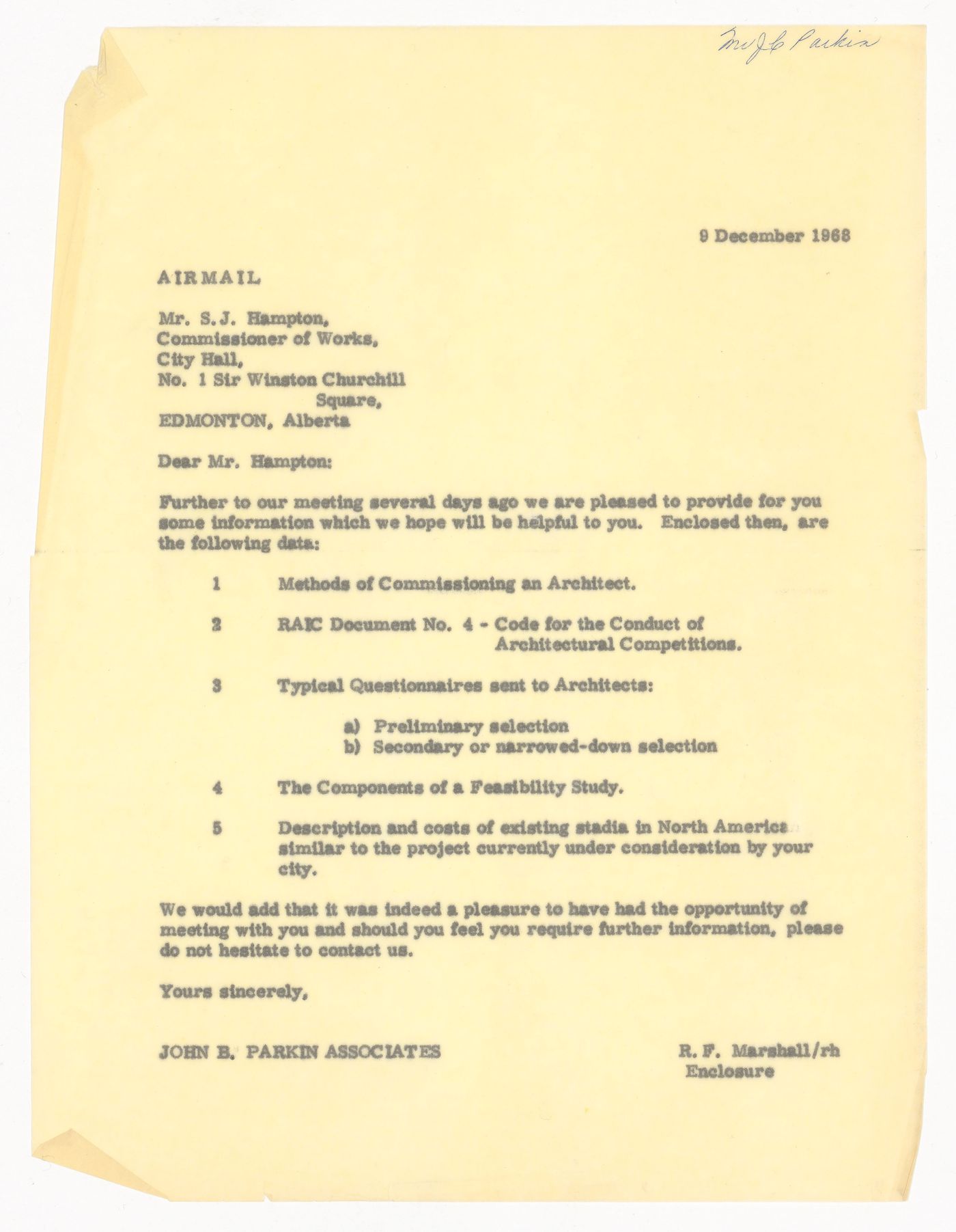 Correspondence from John B. Parkin Associates to S.J. Hampton at Edmonton City Hall