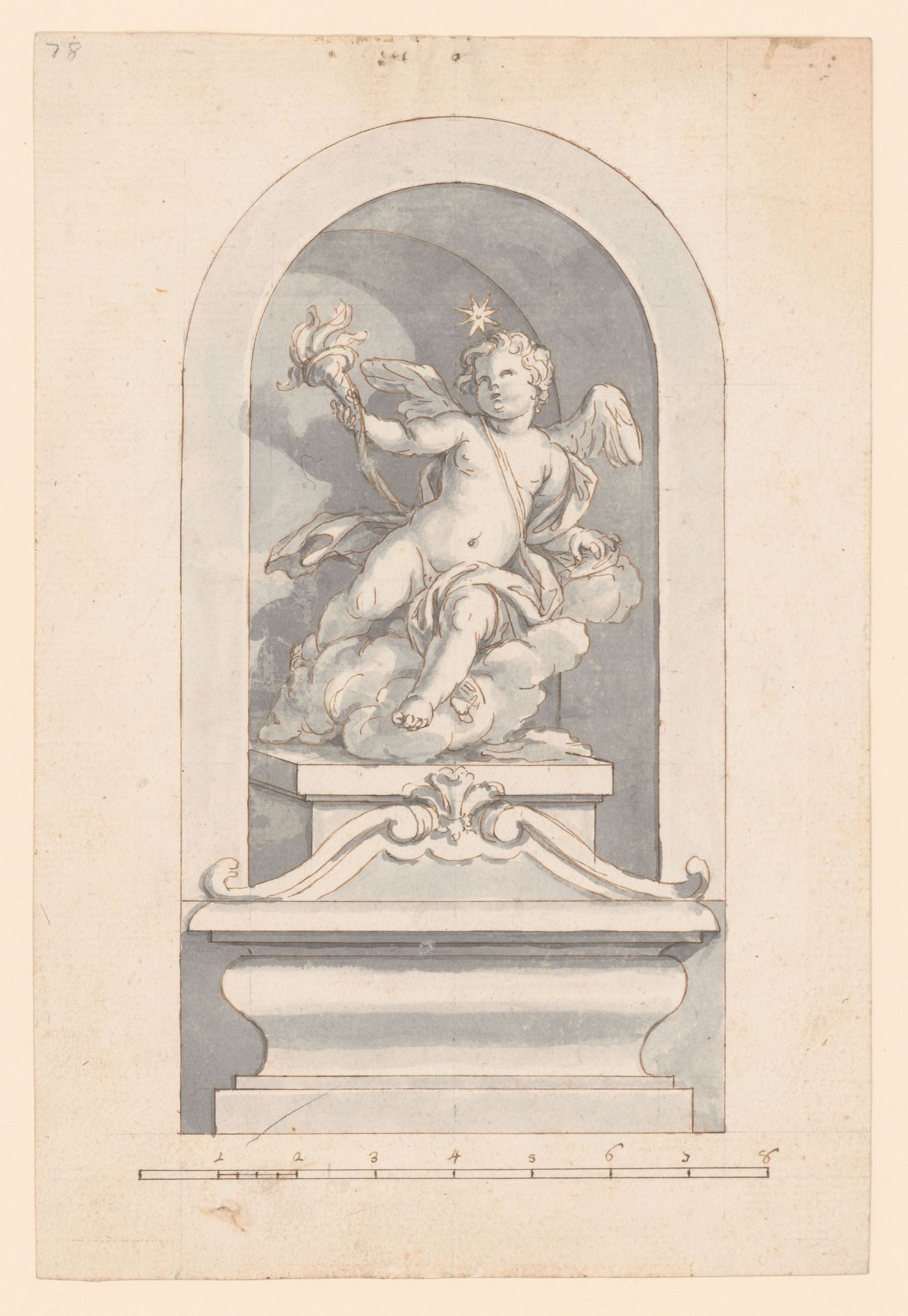 Drawing for a statue of cupid holding a burning torch