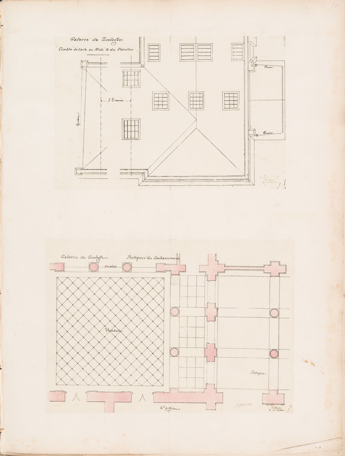 Project for a Galerie de zoologie, 1846: Roof plan for the south wing and plan for the "soubassement" for the portico and vestibule