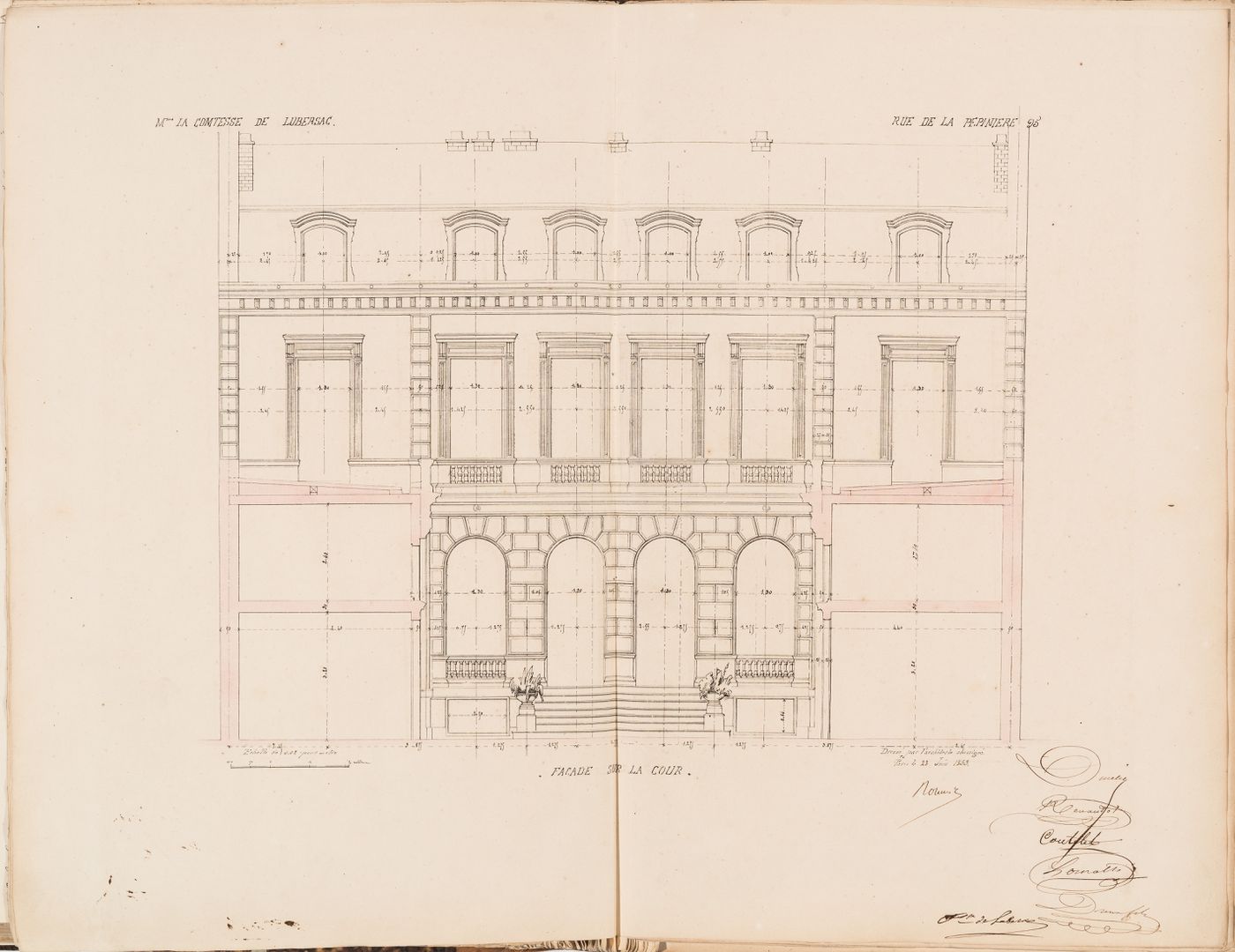Contract drawing for a house for Madame la comtesse de Lubersac, 95 rue de la Pépinière, Paris: Sectional elevation for the courtyard façade