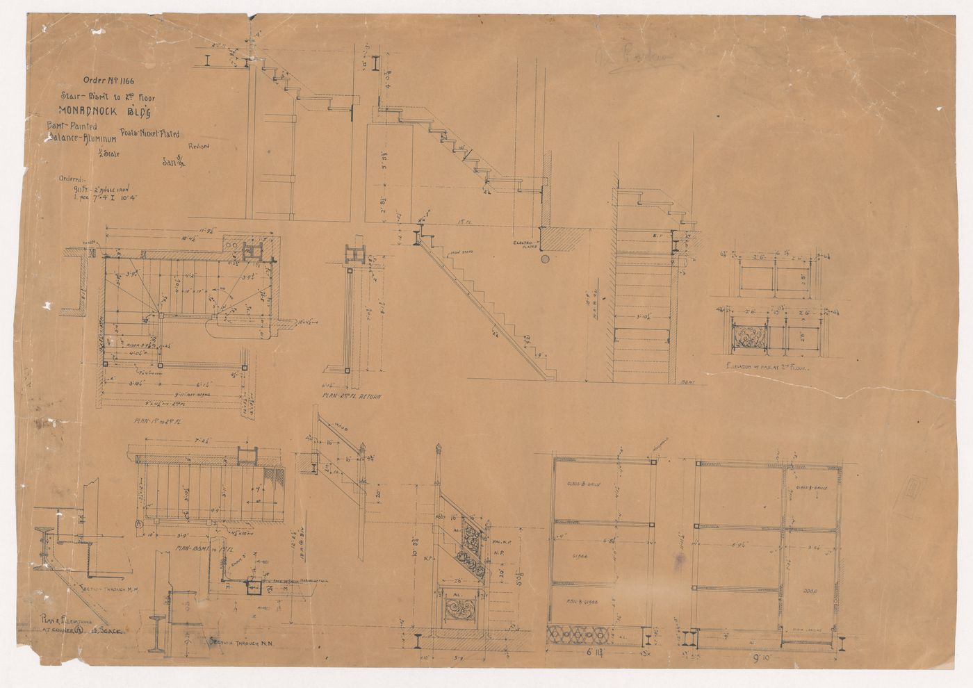 Monadnock Building, Chicago: Plans, sections, elevations and structural details for the stairs from the basement to the second floor