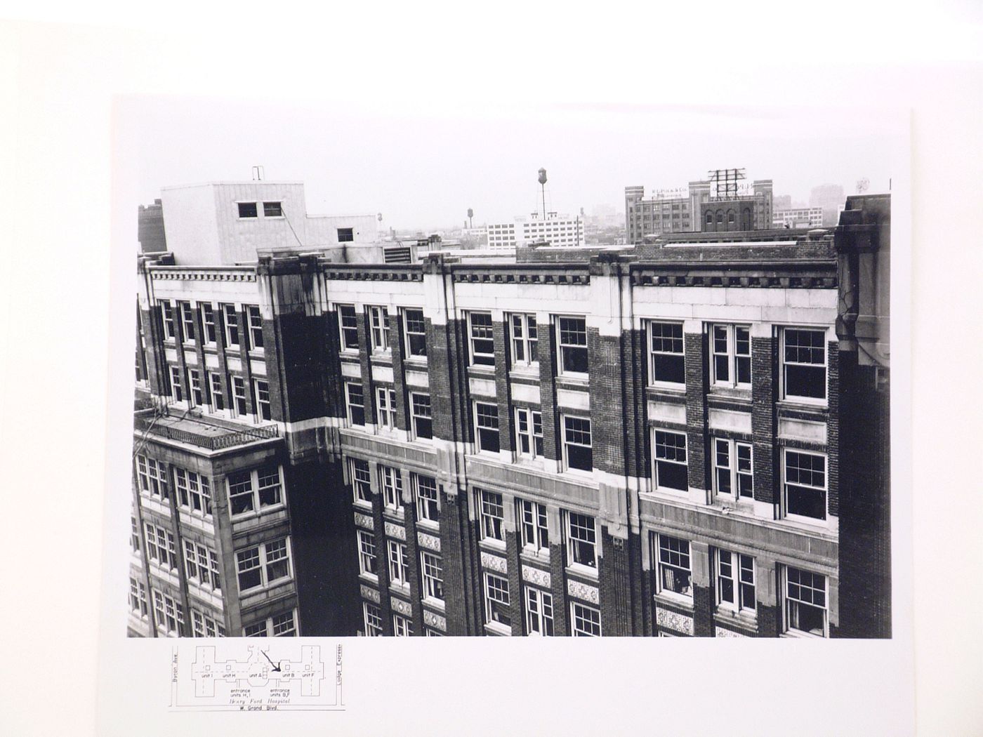 View of the top five floors of Henry Ford Hospital, West Grand Boulevard, Dearborn, Michigan
