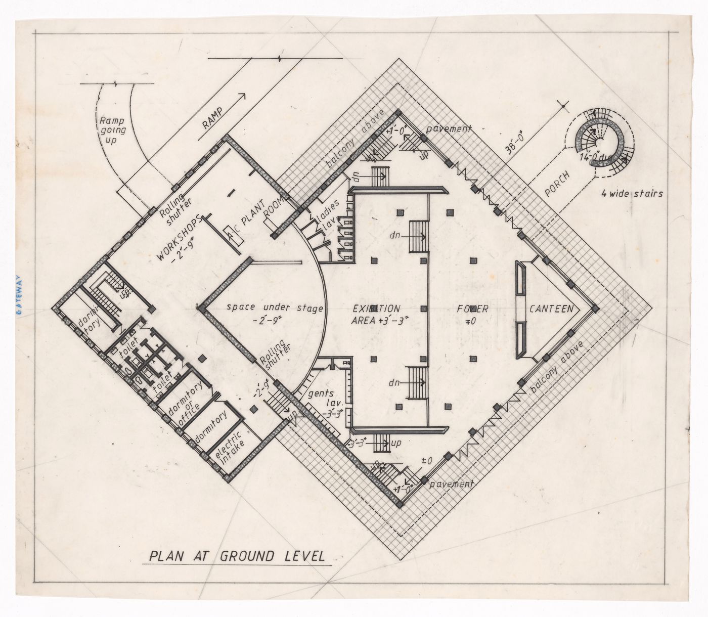 Floor plan at ground floor for Theatre for J&K Academy of Art, Culture and Languages, Jammu, India