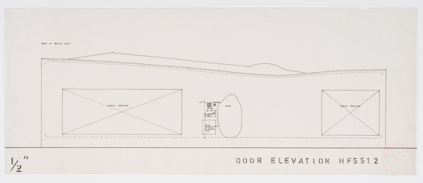 Exterior elevation showing the main entrance and viewing apertures to the living room and bedroom, House of the Future, Daily Mail Ideal Homes Exhibition, London, England