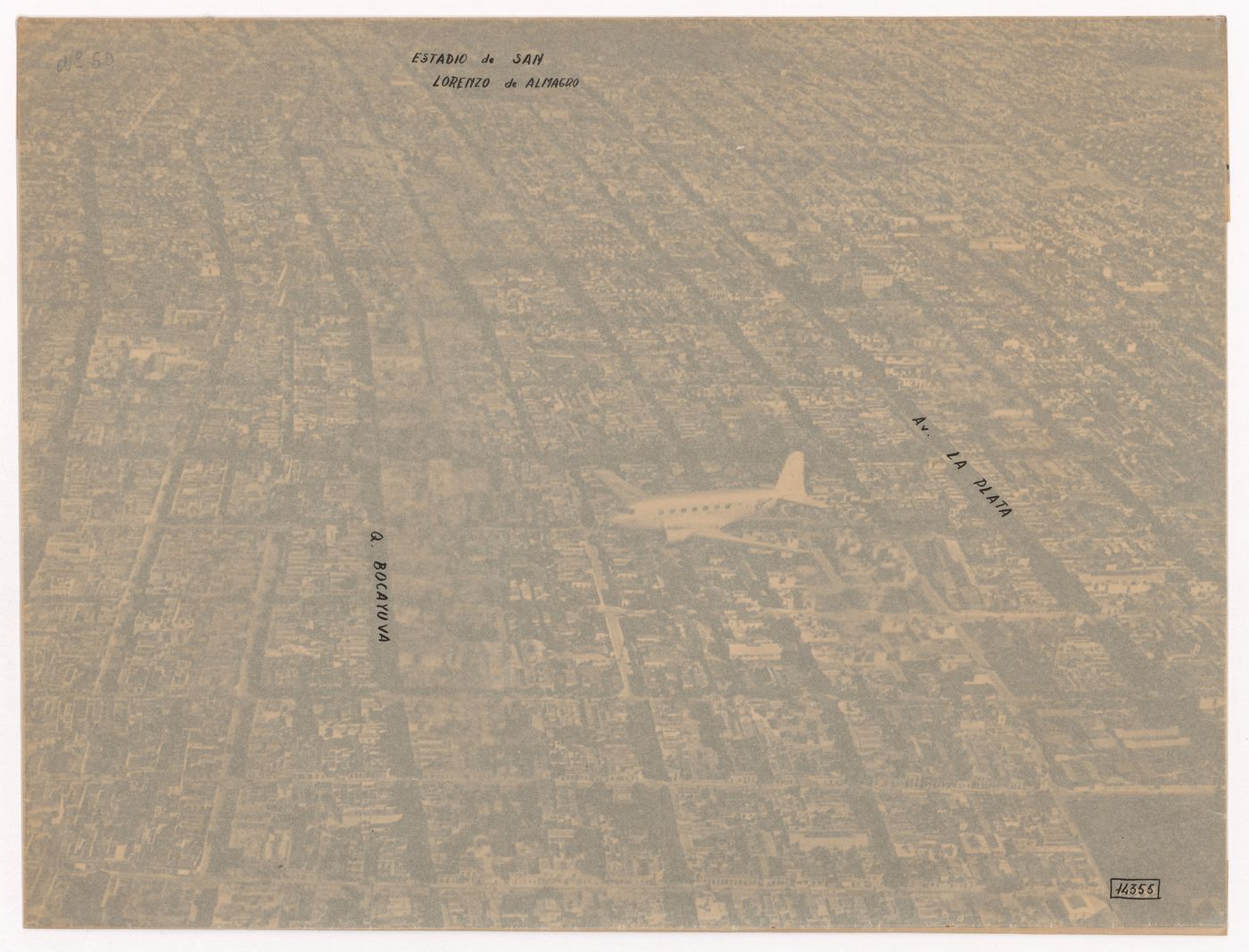 Aerial view of Buenos Aires with translucent overlay inscribed with streets' name