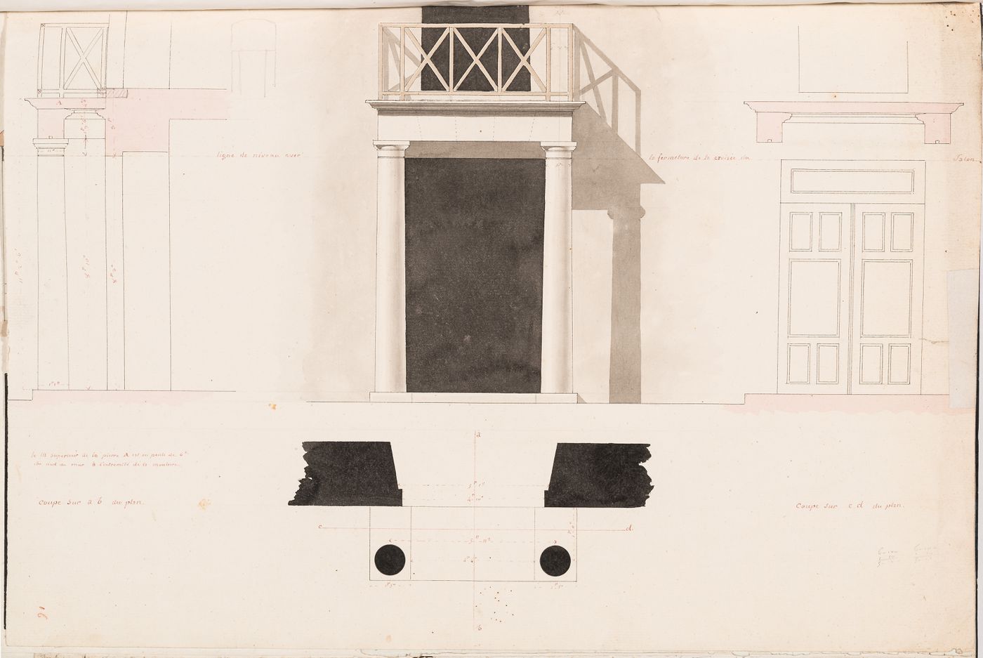 Plan, elevation and sections for the portico of the house, Domaine de La Vallée