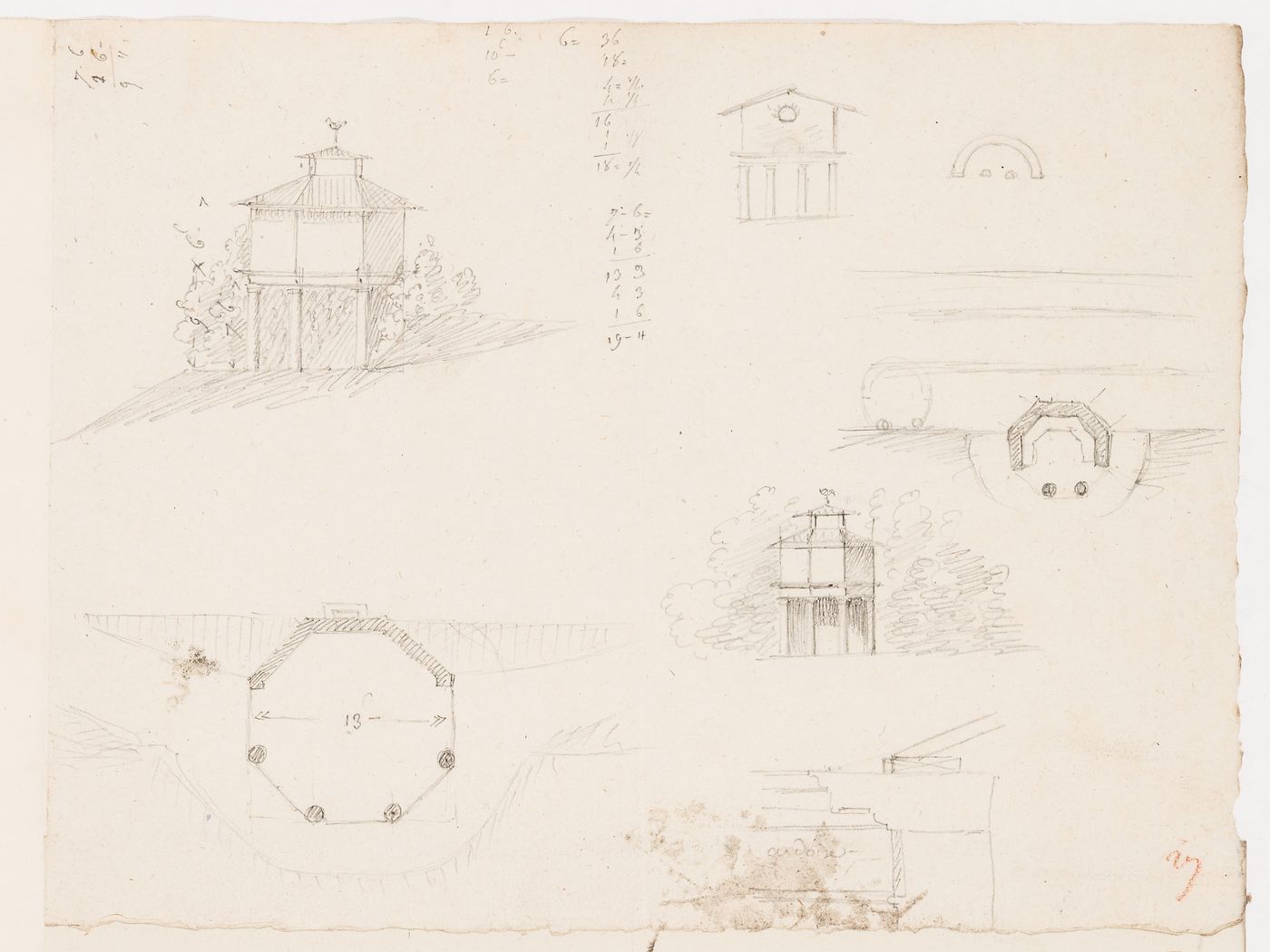 Plans and elevations, possibly for garden pavilions, probably for Domaine de La Vallée