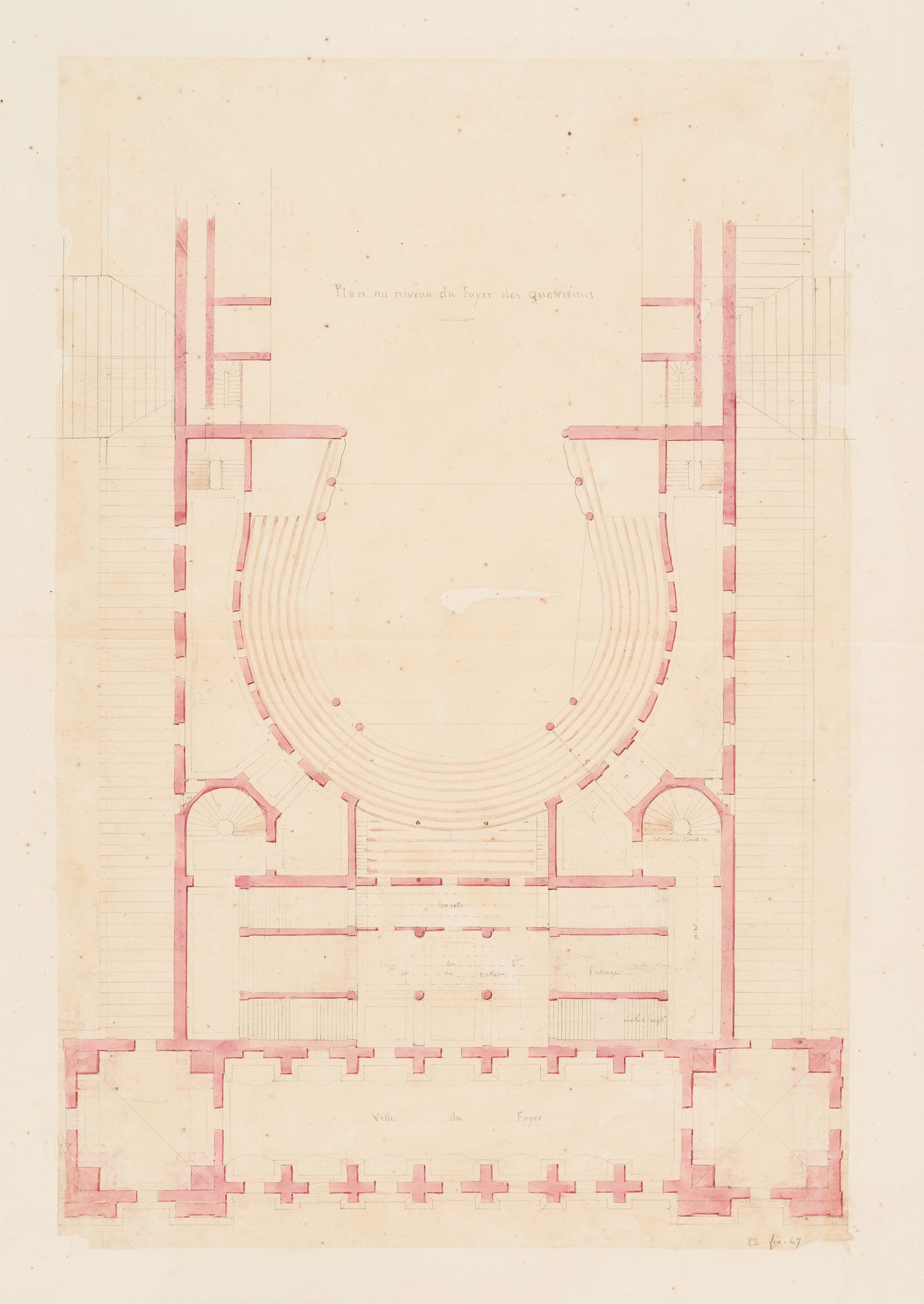 Plan for the "niveau du foyer des quatrièmes [sic]" for an opera house for the Académie royale de musique