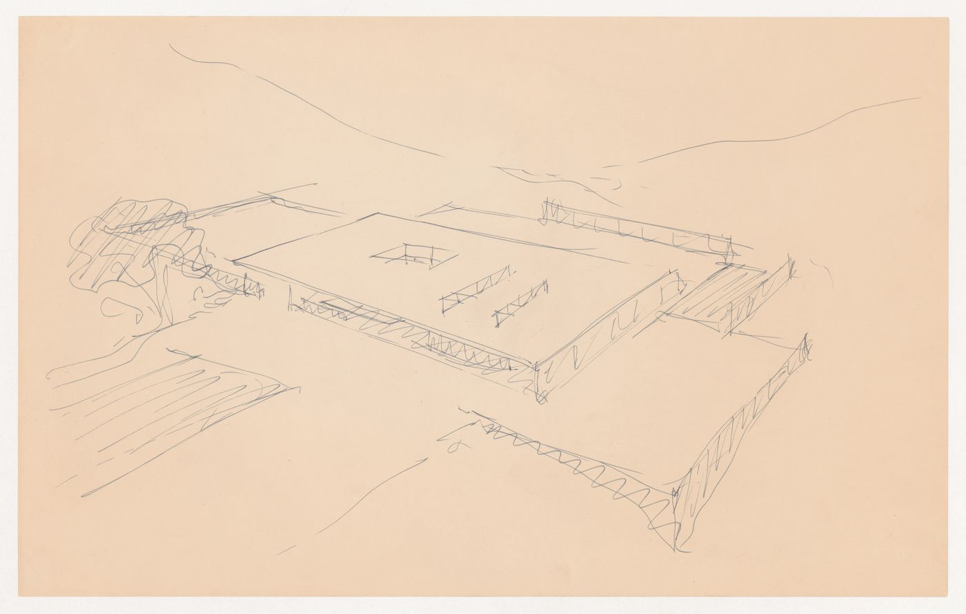 Bird's-eye perspective sketch for the building and site for Museum for a Small City with surrounding landscape