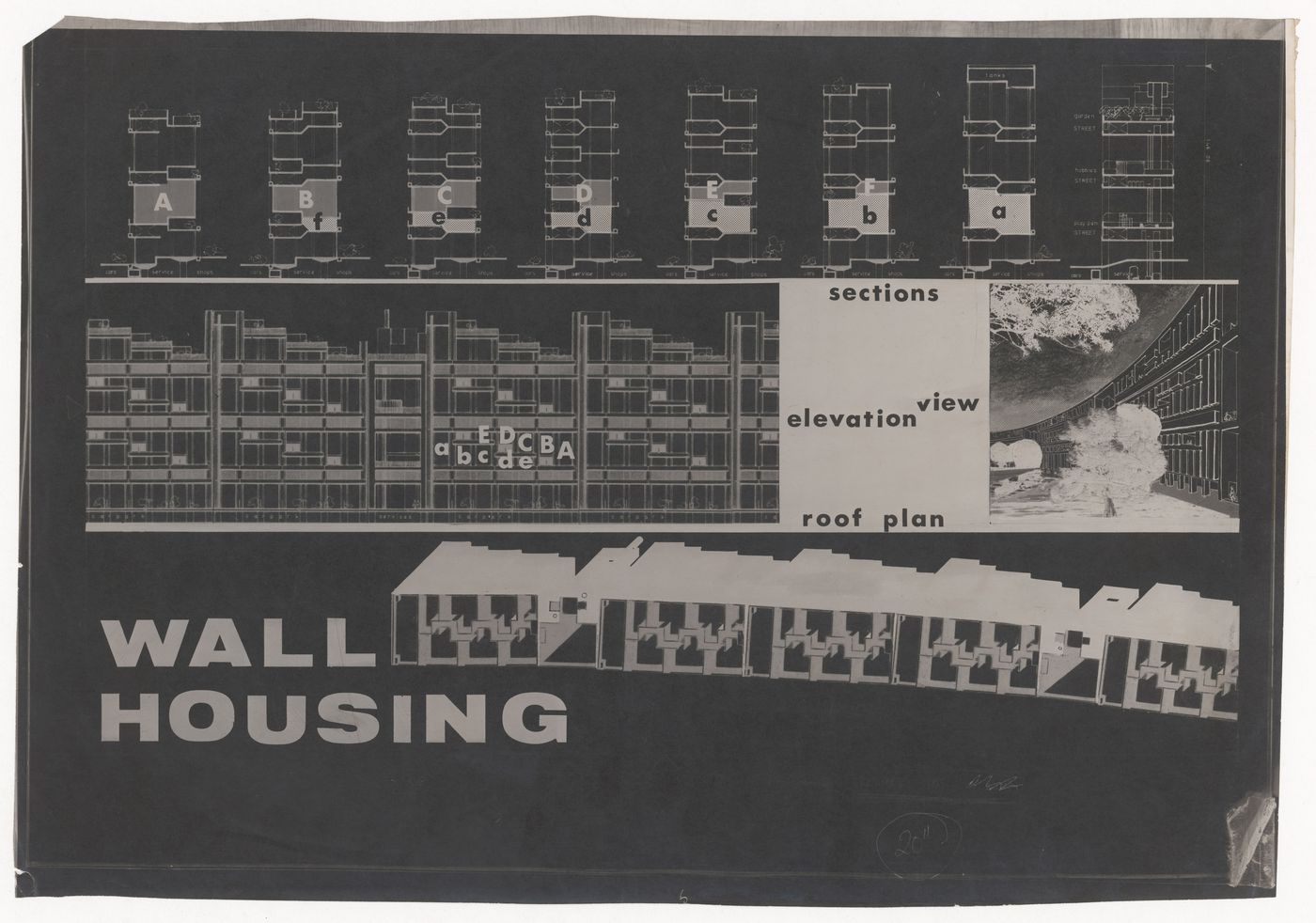 Wall housing sections, elevation and roof plan for The Shape of Cambridge: A Plan, Cambridge University, England