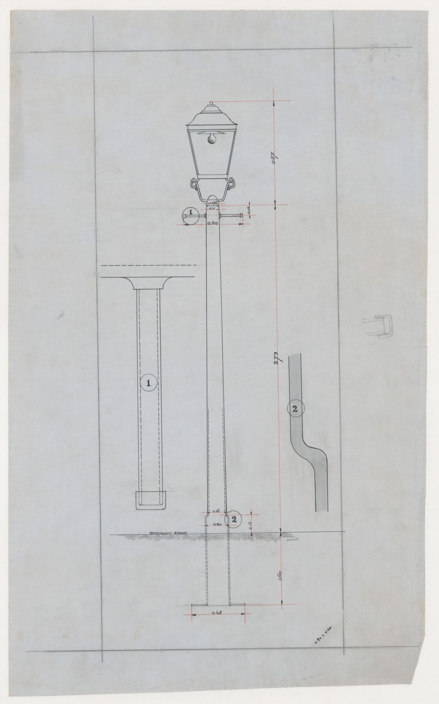 Elevation and broken-out sections for a street lighting unit for Oud-Mathenesse Housing Estate, Rotterdam, Netherlands