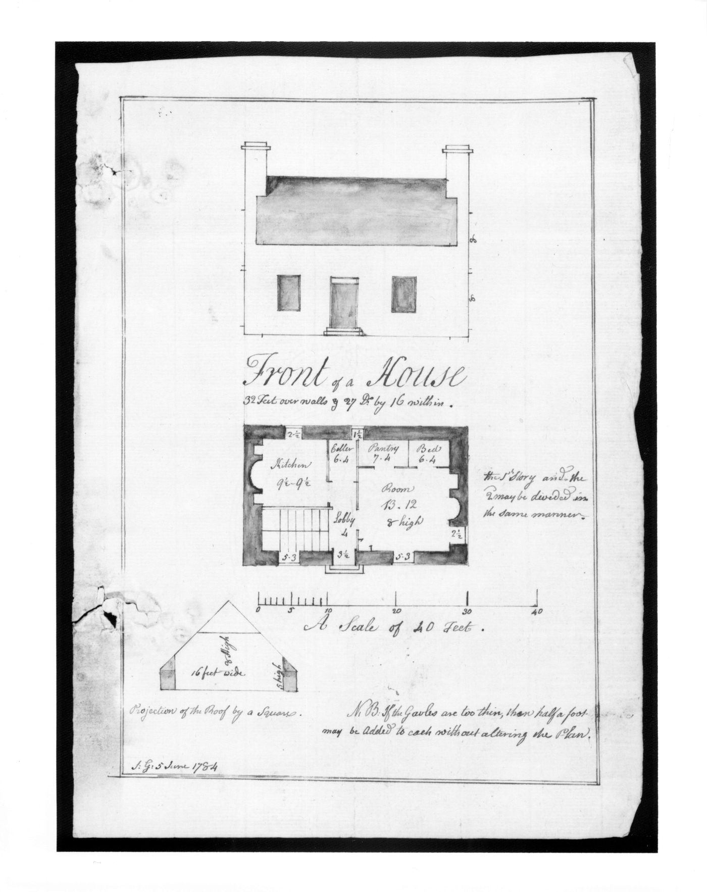 Plan, elevation and sectional detail for a house