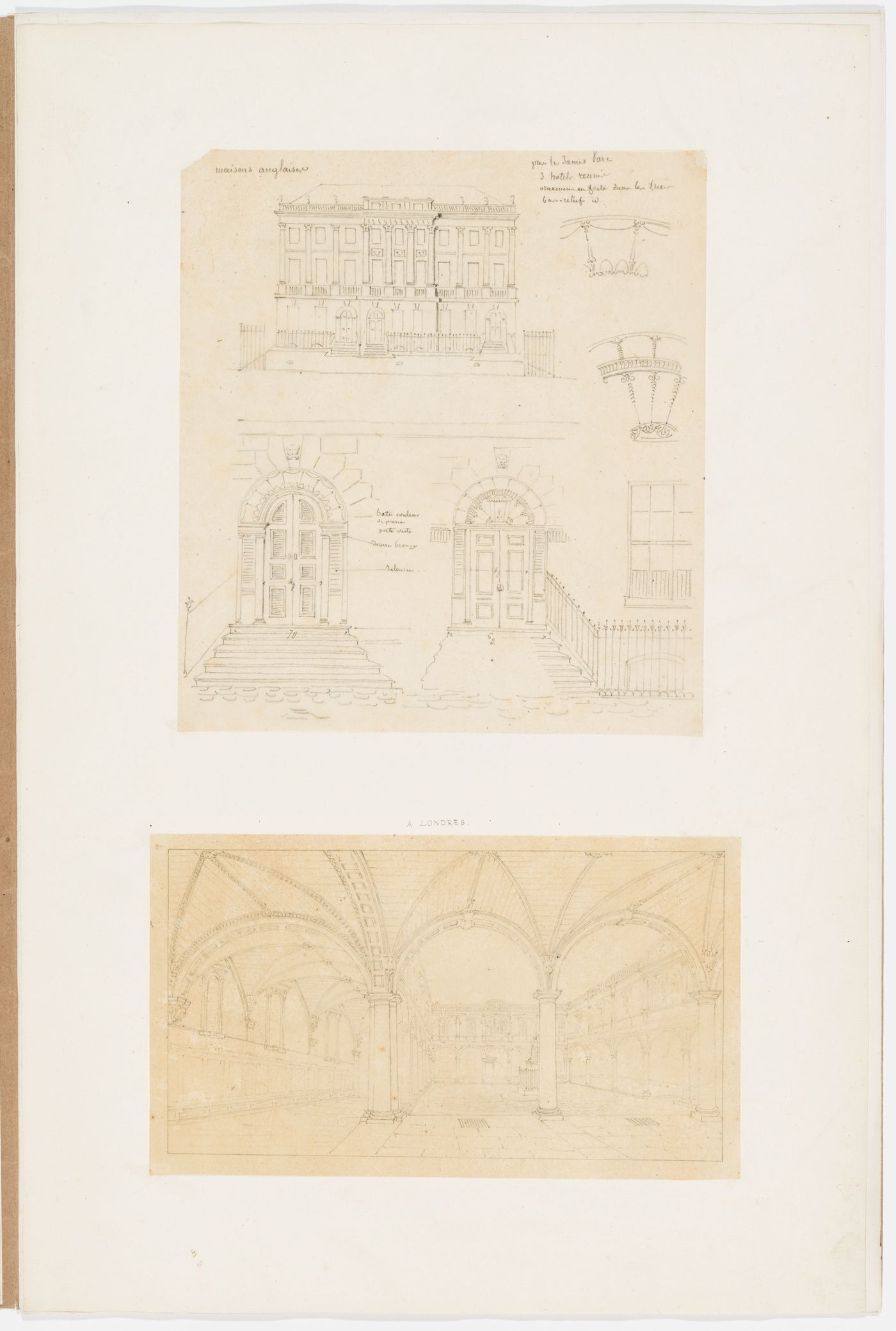 Exterior elevation of a façade from an English house by James Ware, with a partial exterior elevation of two doors and stoops and details of the fanlights; Perspective of a loggia or cloister in London with a sculpture in the central cloister garth