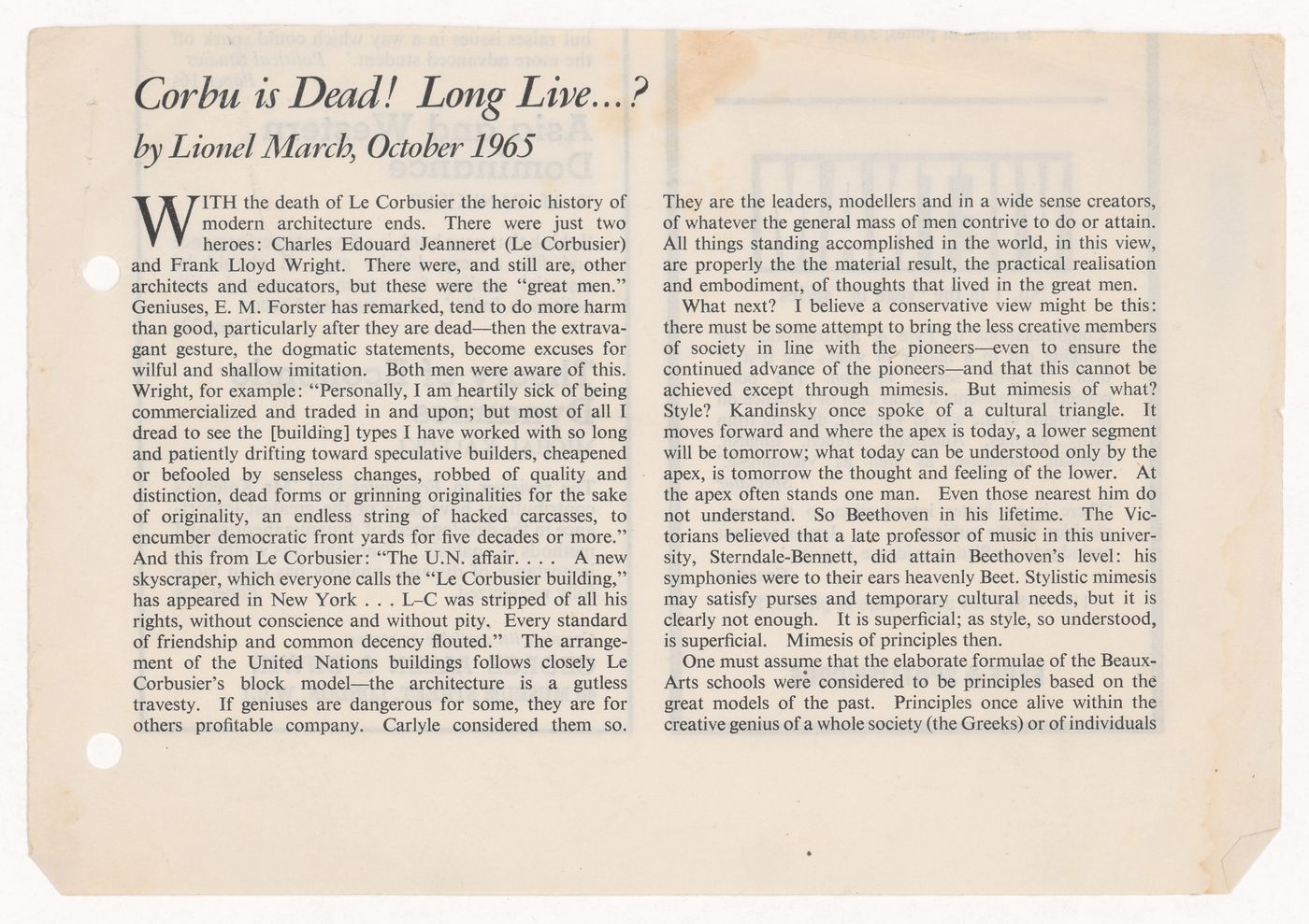 Article entitled Corbu is Dead! Long Live...? by Lionel March in The Cambridge Review