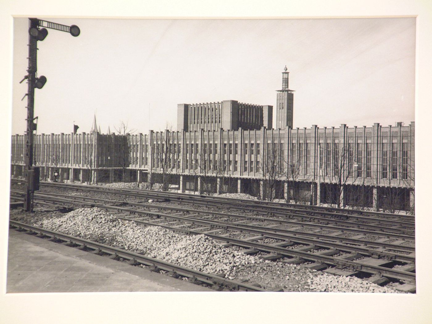 Unidentified modern buildings, (including tower of building in PH1981:0038) and railroad tracks, Cologne, Germany