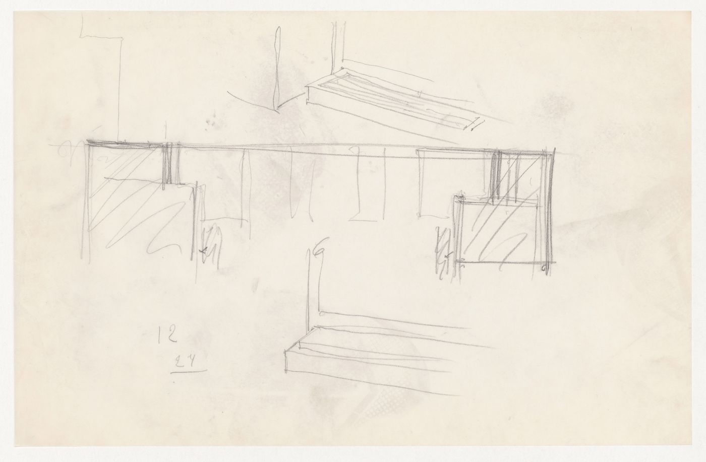 Perspective sketches showing window mullions and raised air ducts and a partial sketch plan for the Metallurgy Building, Illinois Institute of Technology, Chicago