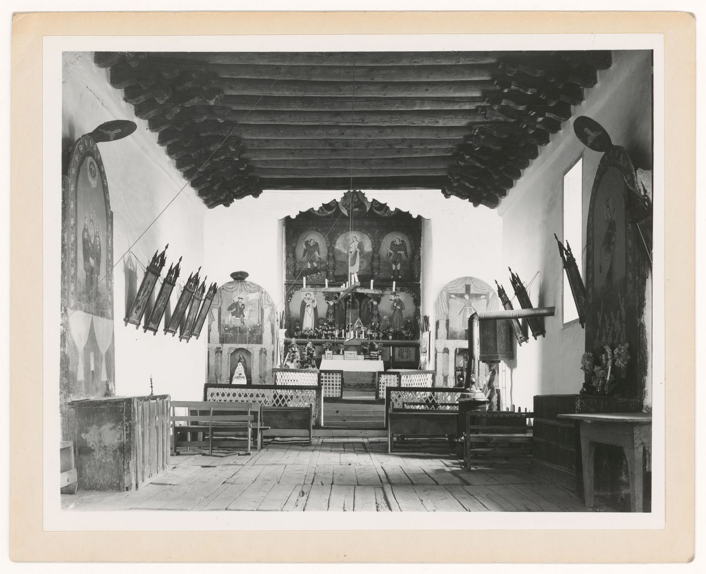 Interior view of the Church of San José de Gracia del Rio de Las Trampas looking towards the altar, Trampas, New Mexico, United States