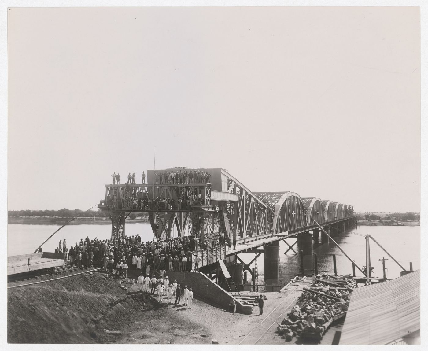 View of a group of people on the Blue Nile Road and Railway Bridge, Khartoum, Sudan