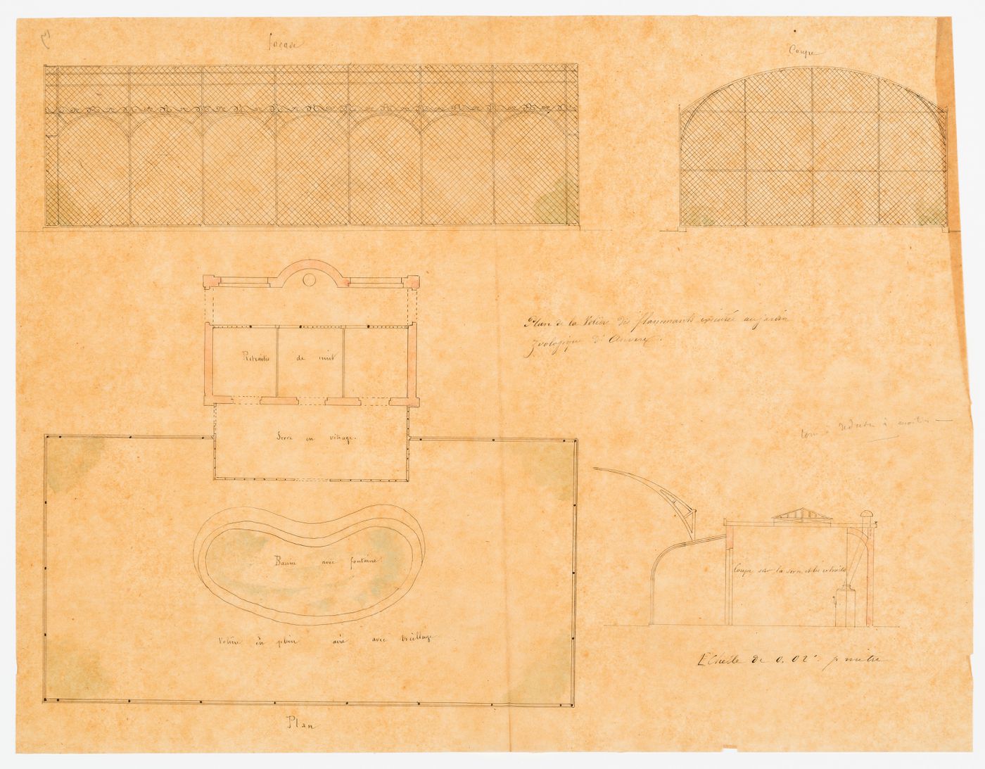 Zoological garden, Antwerp: Elevation, plan, and section of the flamingo aviary