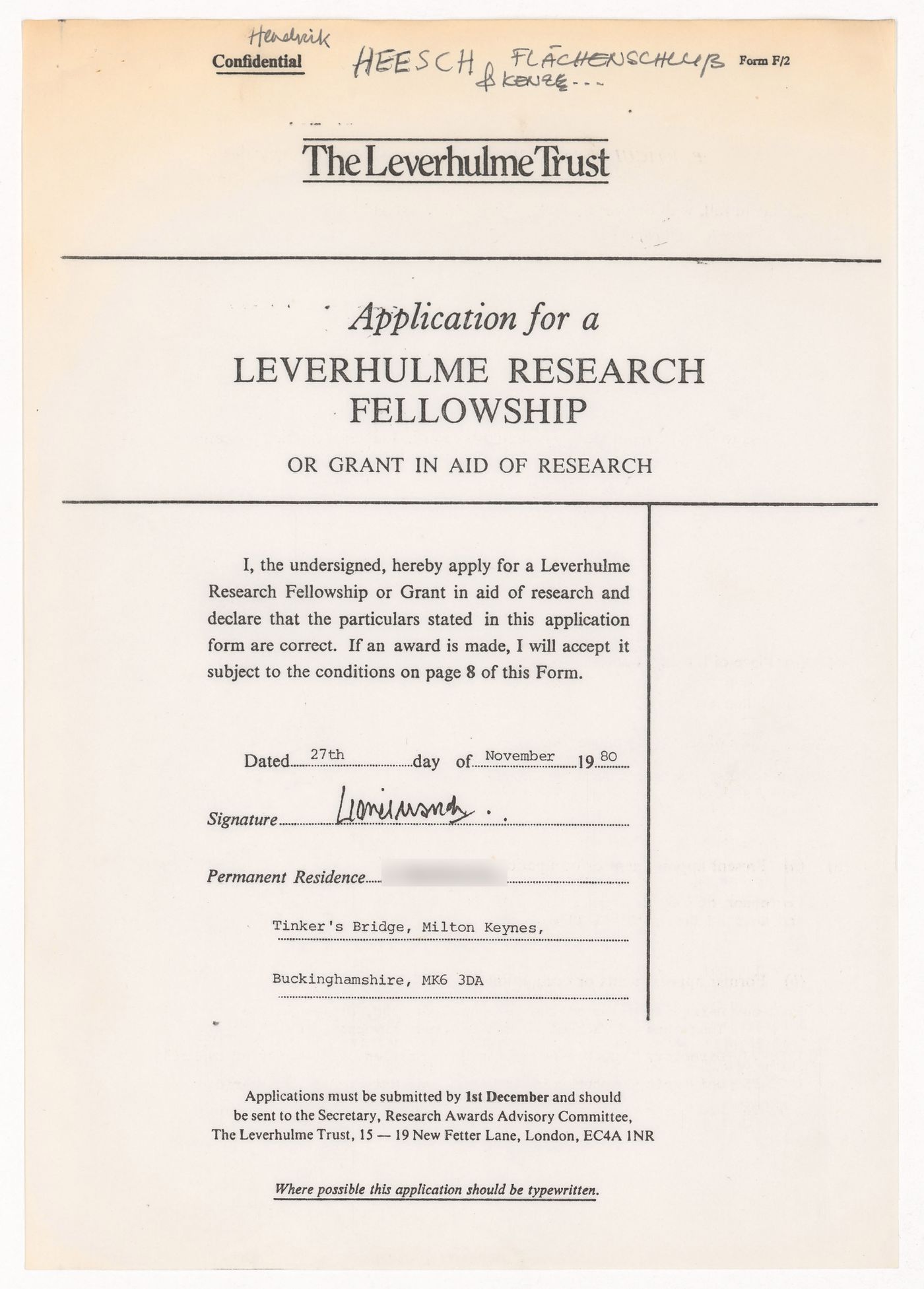 Application by Lionel March for a Leverhulme Research Fellowship