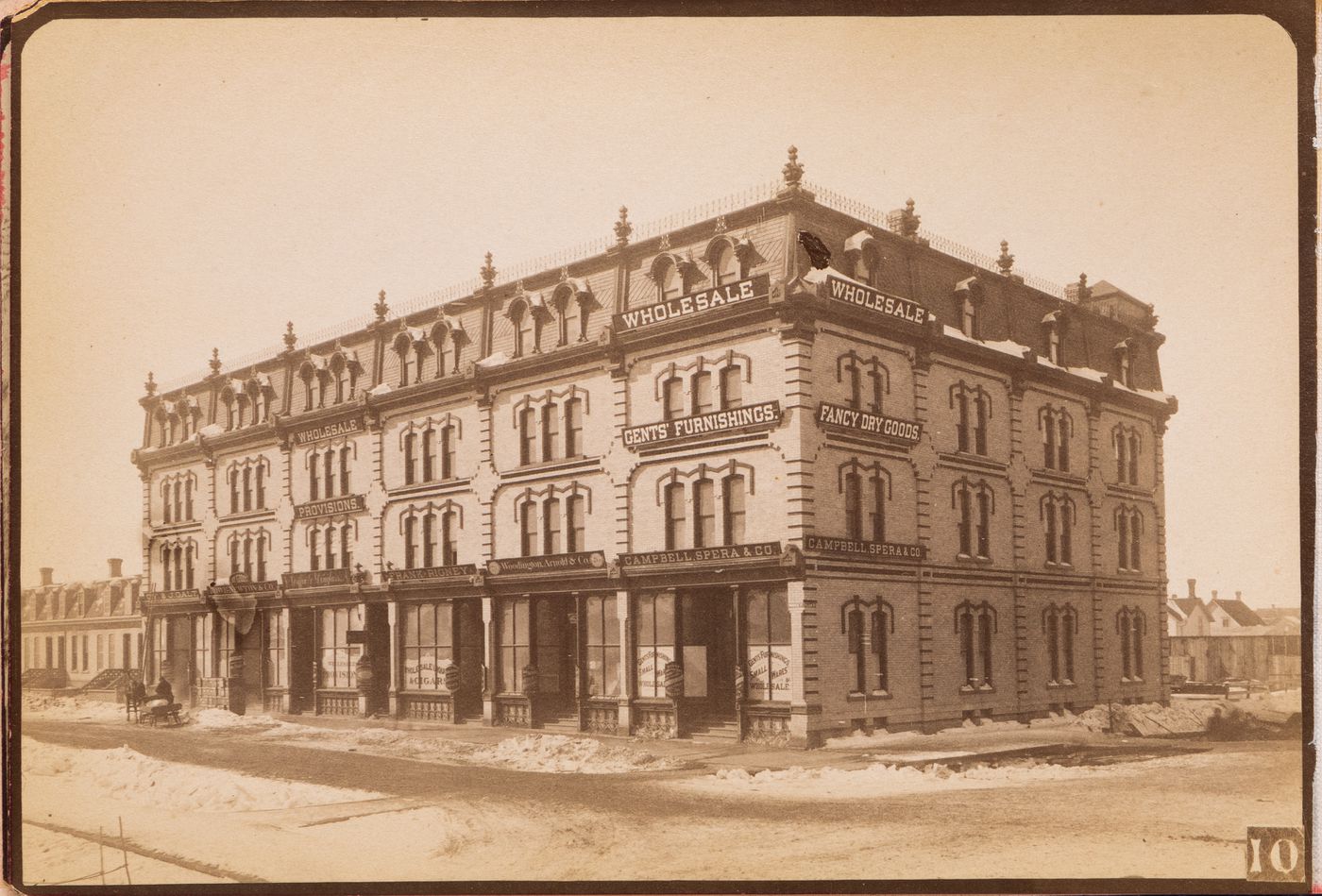 View of the principal and lateral façades of Gerrie & Co. Block (now demolished), Winnipeg, Manitoba, Canada