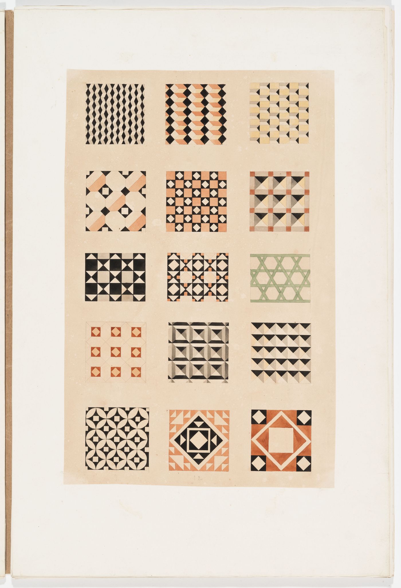 Ornament drawing of fifteen geometric patterns, probably floor tiles