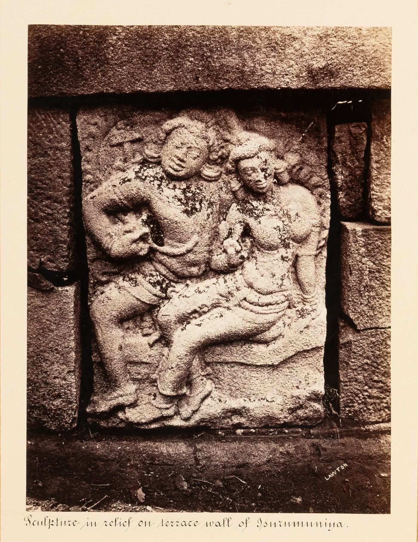 Close-up view of reliefs on the terrace wall, Isurumuniya Temple, Anuradhapura, Ceylon (now Sri Lanka)