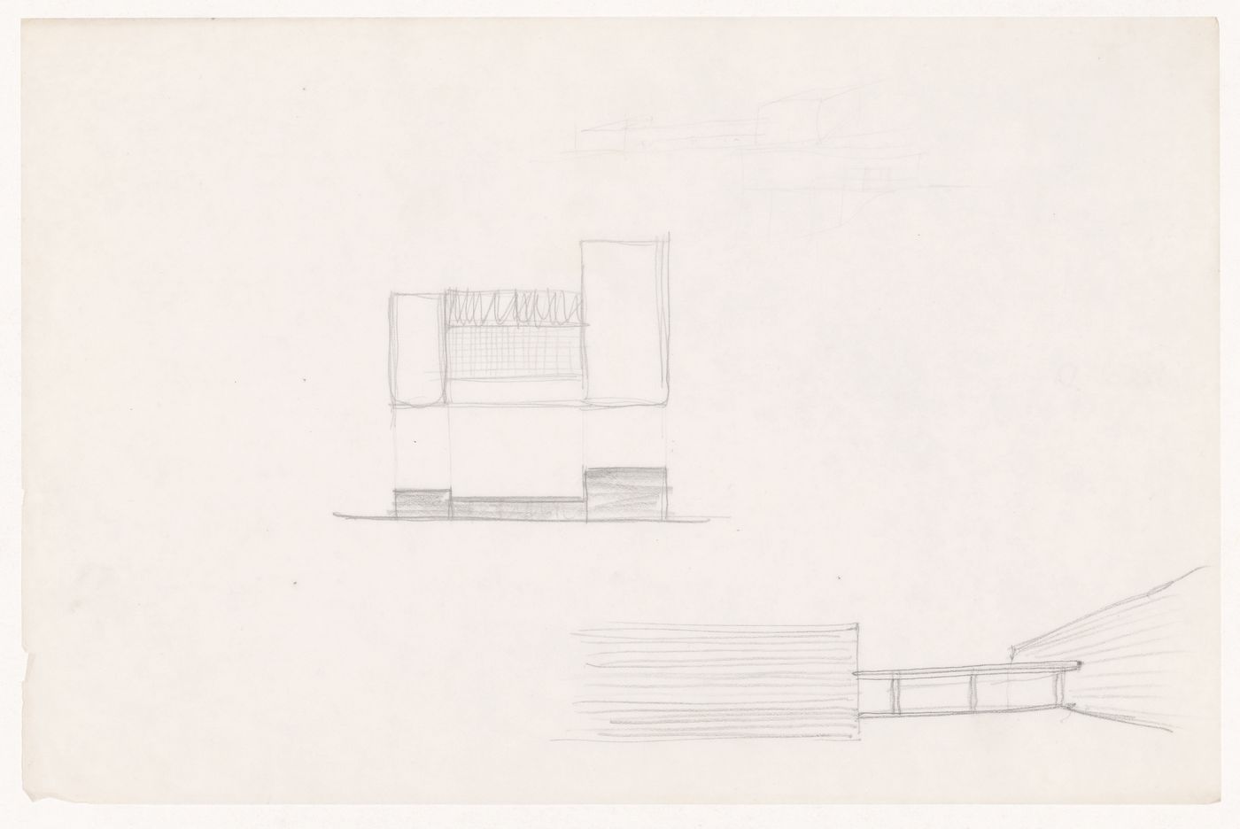 Perspective sketch for the link between the Field House and the Gymnasium, and sketch plan and sketch elevation for the Field House, Gymnasium and Natatorium complex