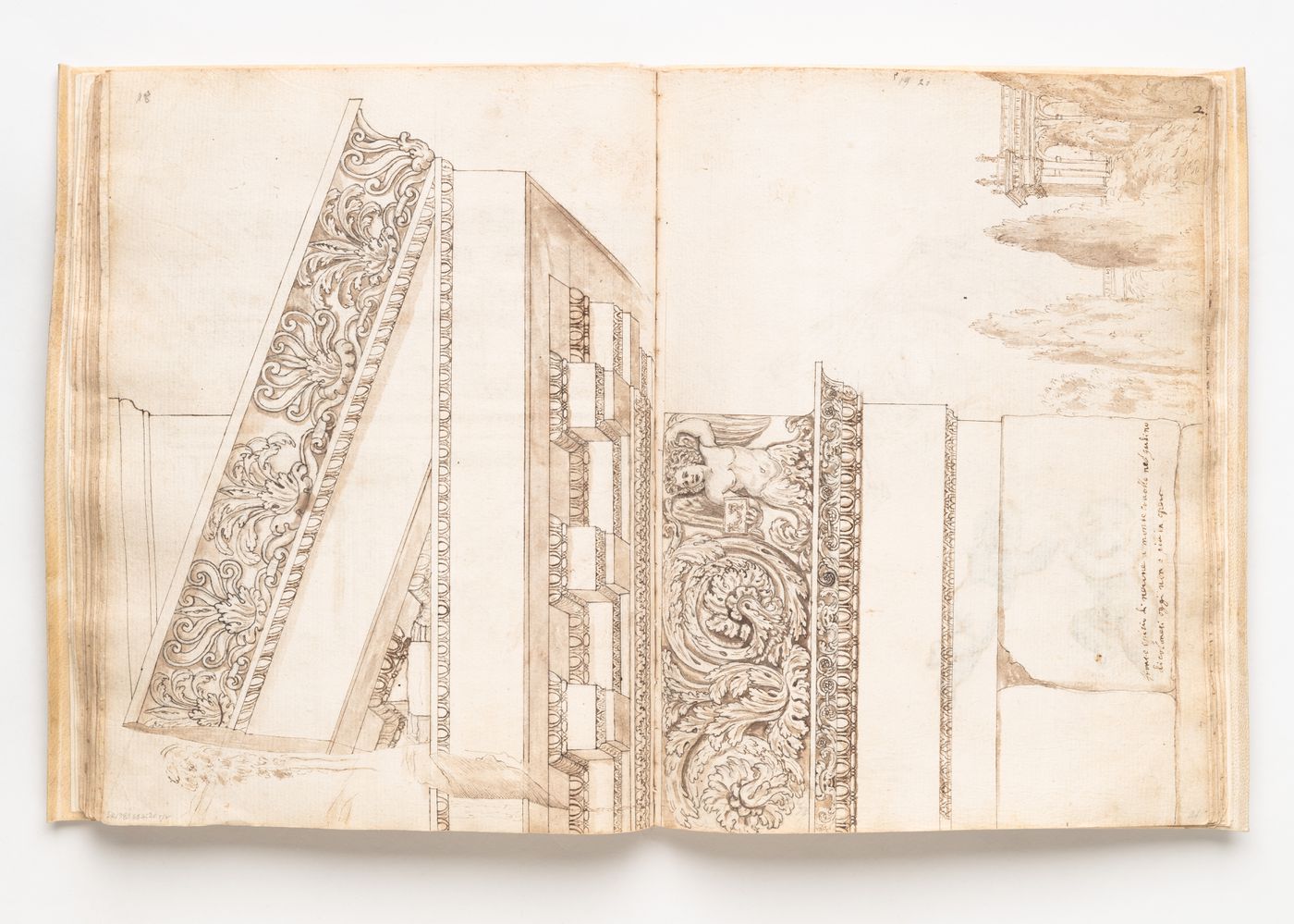 Corner of pediment of the Frontispicium Neronis, Rome (now demolished); verso: Lateral view of an ostrich skeleton and two putti