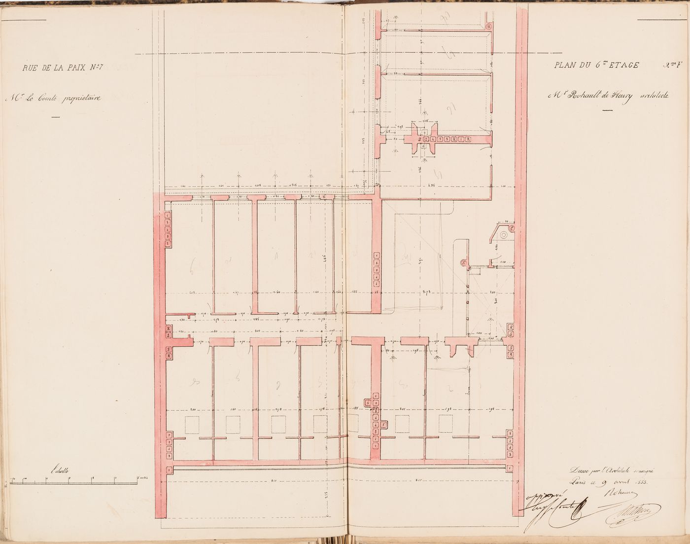 Contract drawing for the Hôtel du Timbre for Monsieur Le Comte, 7 rue de la Paix, Paris: Plan for the "6e étage" for the "2e appartment"