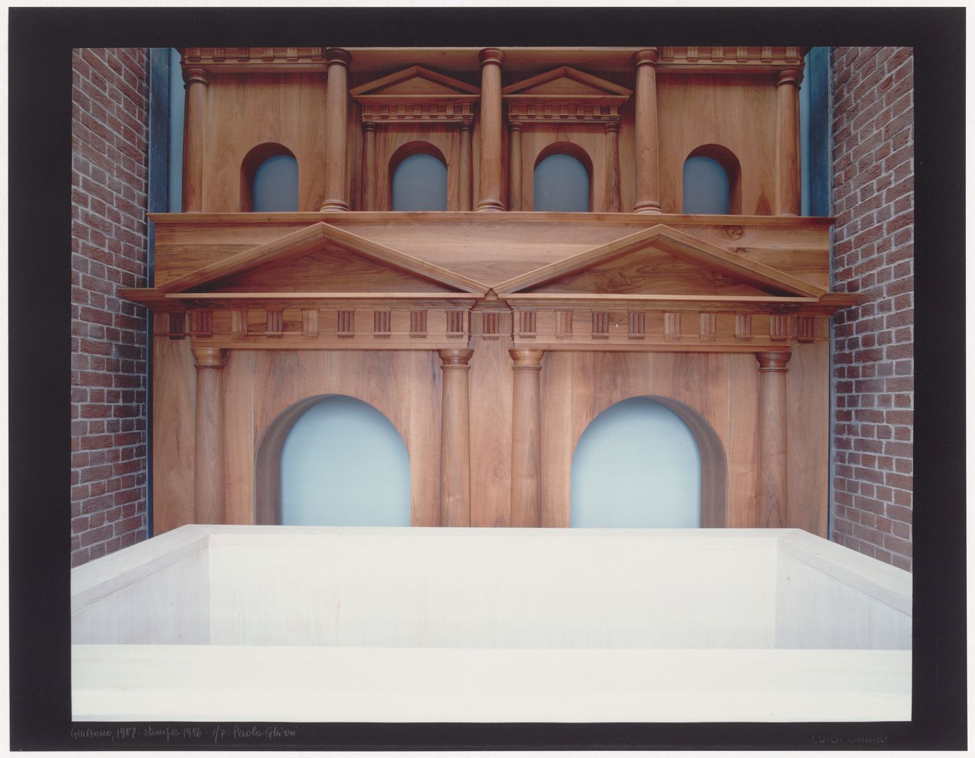 Molteni Funerary Chapel, Giussano, 1980; Interior detail showing the wooden reconstruction of a Roman city gate