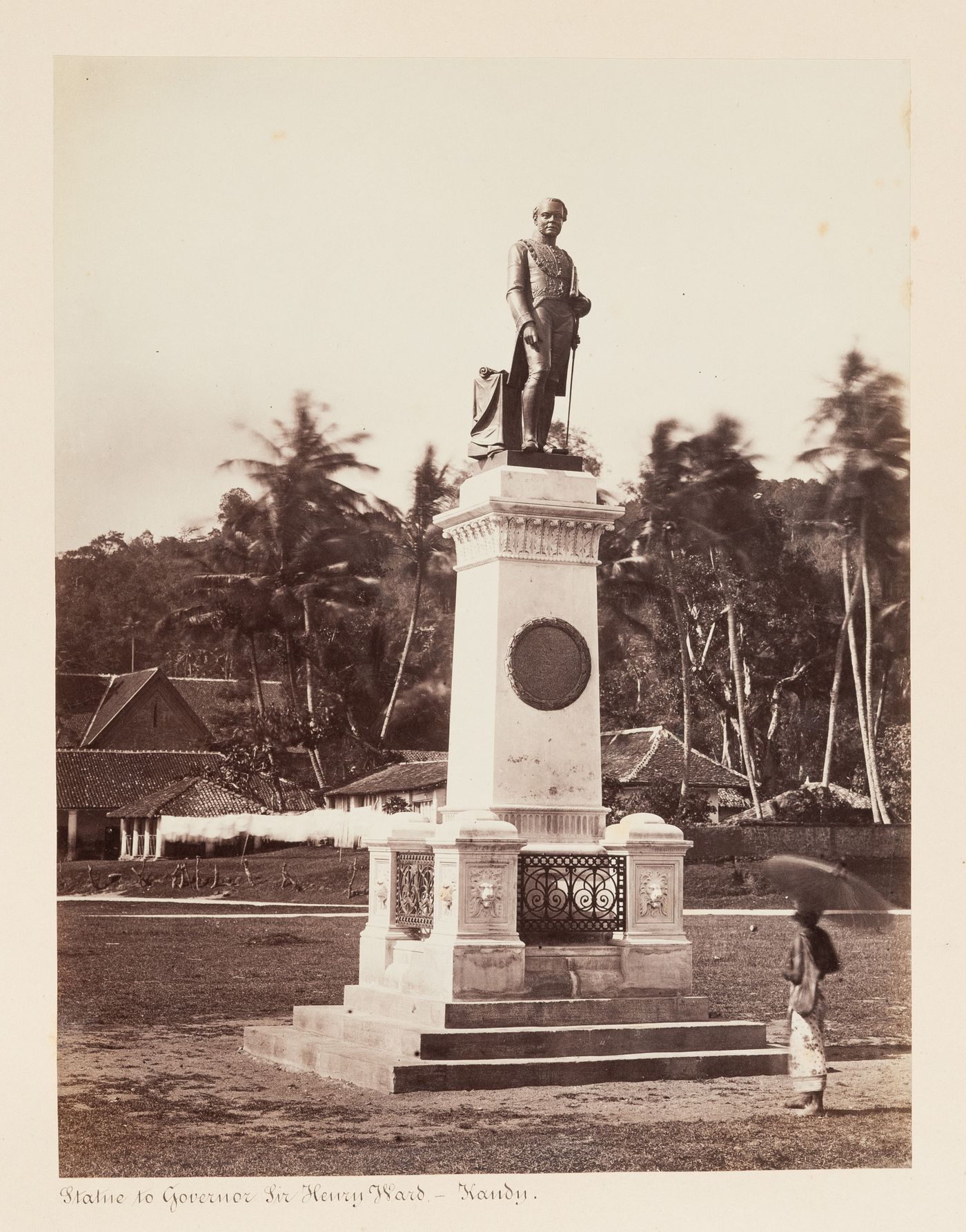 View of the statue of Sir Henry George Ward, Kandy, Ceylon (now Sri Lanka)