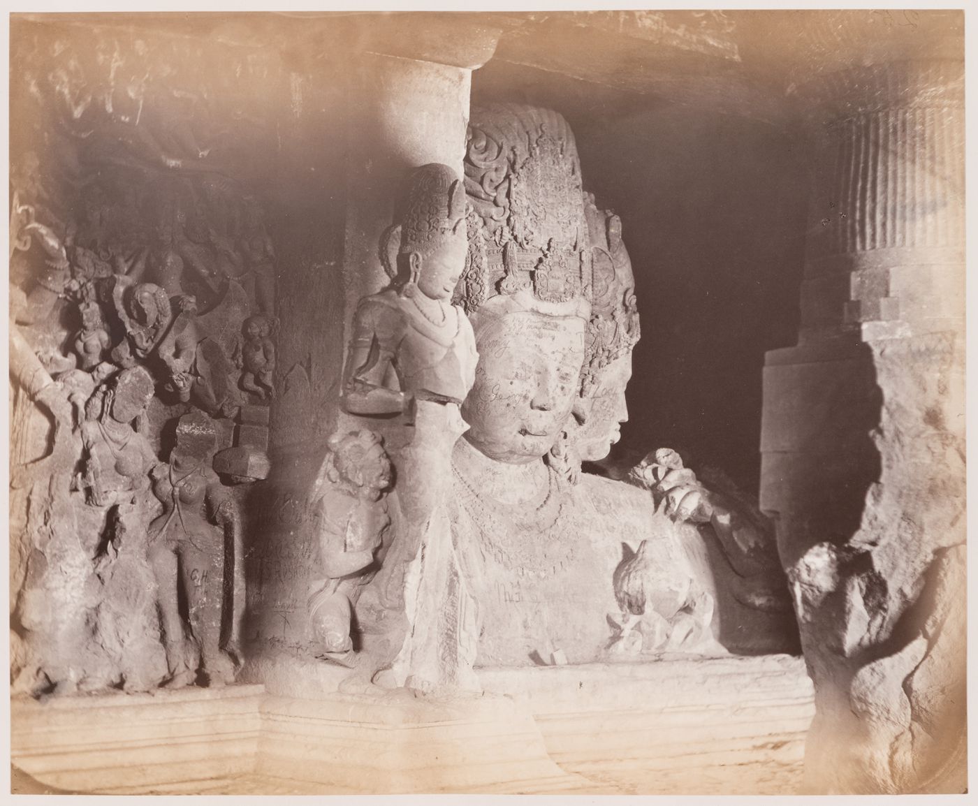 View of Sadasiva, showing the heads of Mahadeva and Uma, Elephanta Cave Temples, Elephanta Island, India