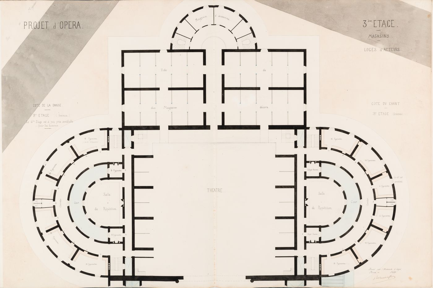 Project for an opera house for the Théâtre impérial de l'opéra: Plan for the "3e étage" showing the storerooms, "cote de la danse", and "cote du chant", including the actors' dressing rooms
