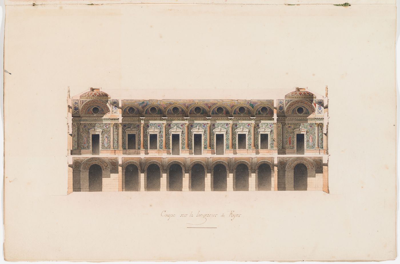 Longitudinal section for the "foyer" for an opera house for the Académie impériale de musique