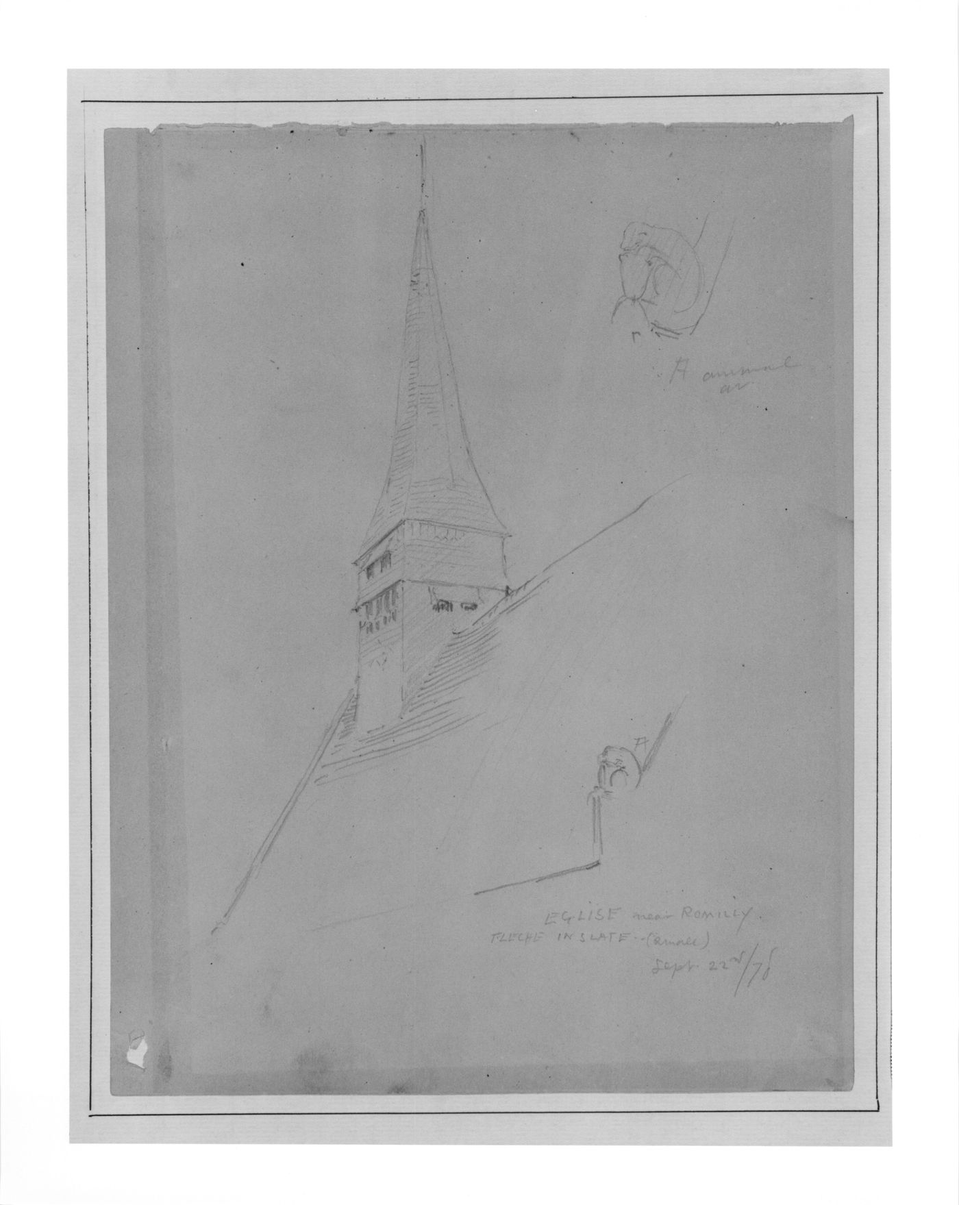 Perspective sketch of the roof and tower of a church near Romilly, France