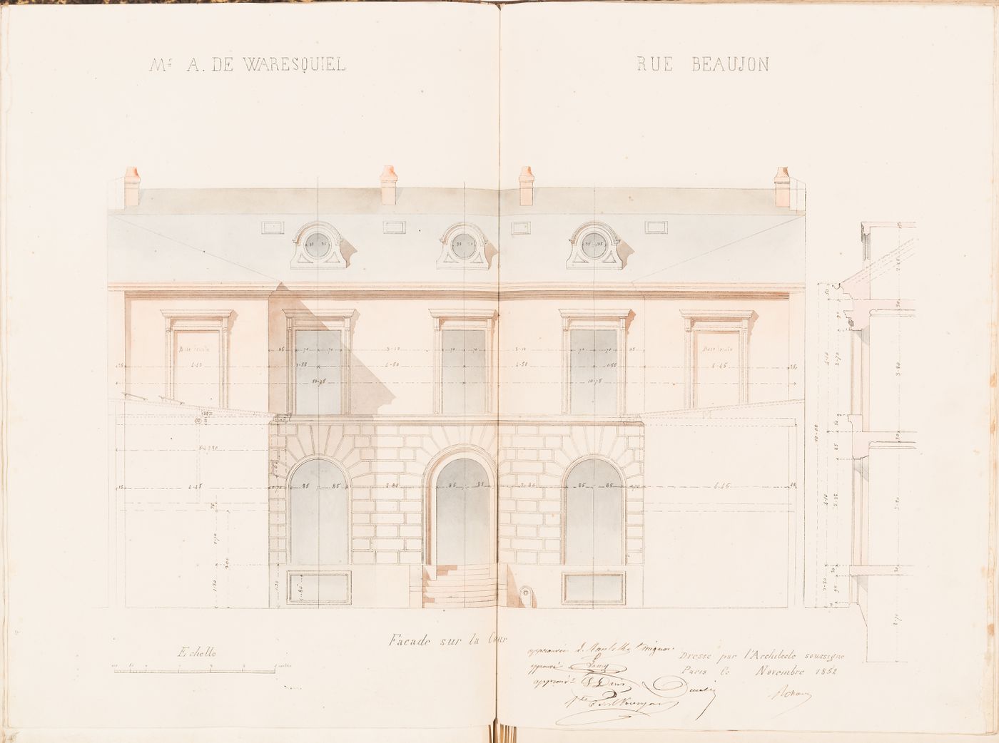 Contract drawing for a house for Monsieur A. Waresquiel, rue Beaujon, Paris: Elevation for the principal façade with a partial section