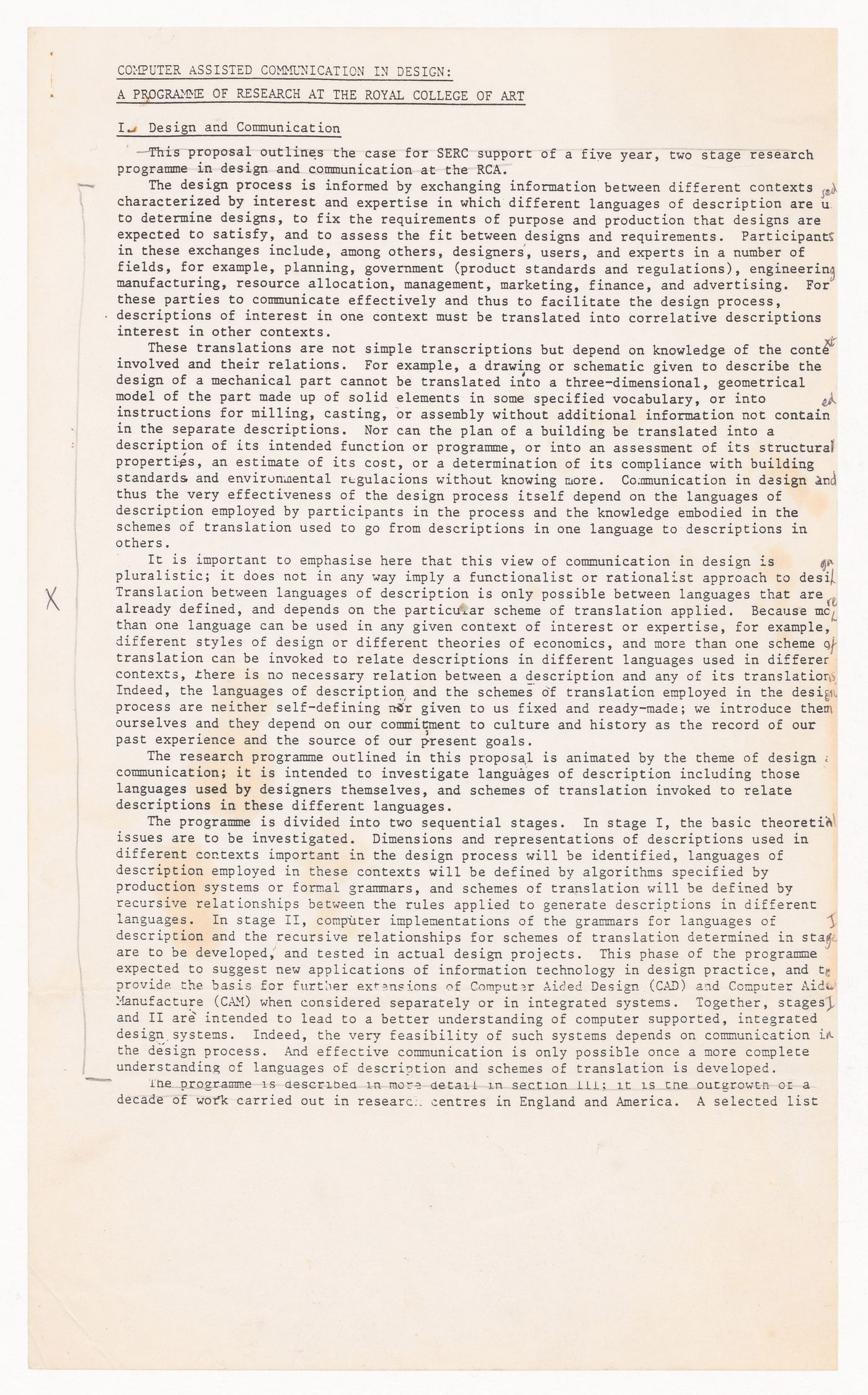 Proposal for computer assisted communication in design: a programme of research at the Royal College of Art, London by George Stiny