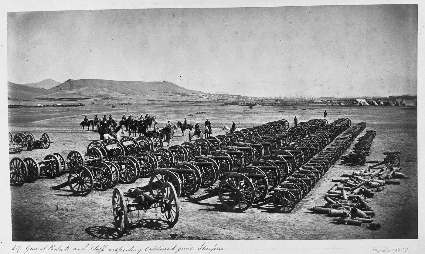 View of artillery and soldiers on horseback, including General Roberts, Sherpur, near Kabul, Afghanistan