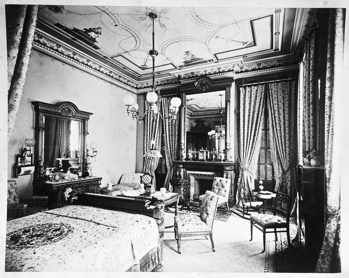 Bedroom looking out into room from bed, Linden Towers, James Clair Flood Estate, Atherton, California