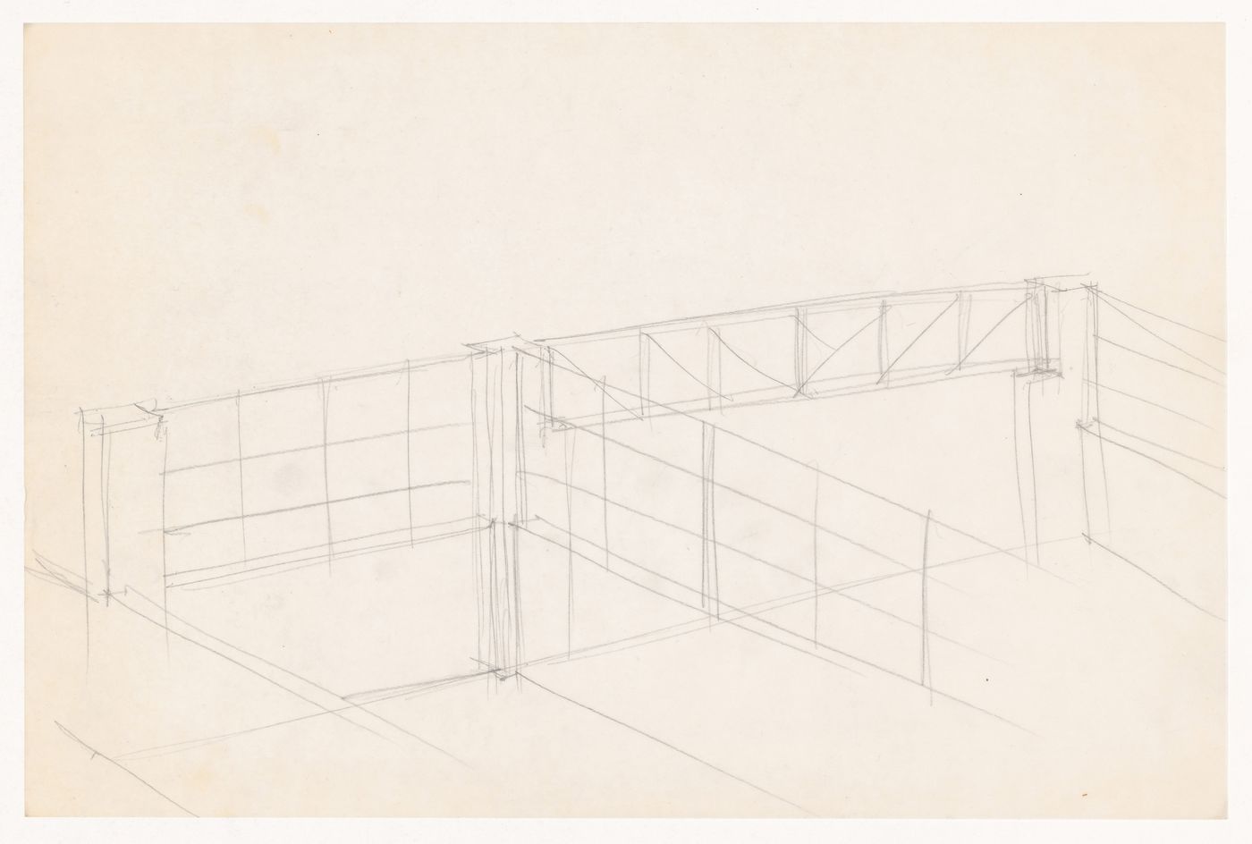 Bird's-eye perspective sketch showing court walls and truss for the Gymnasium