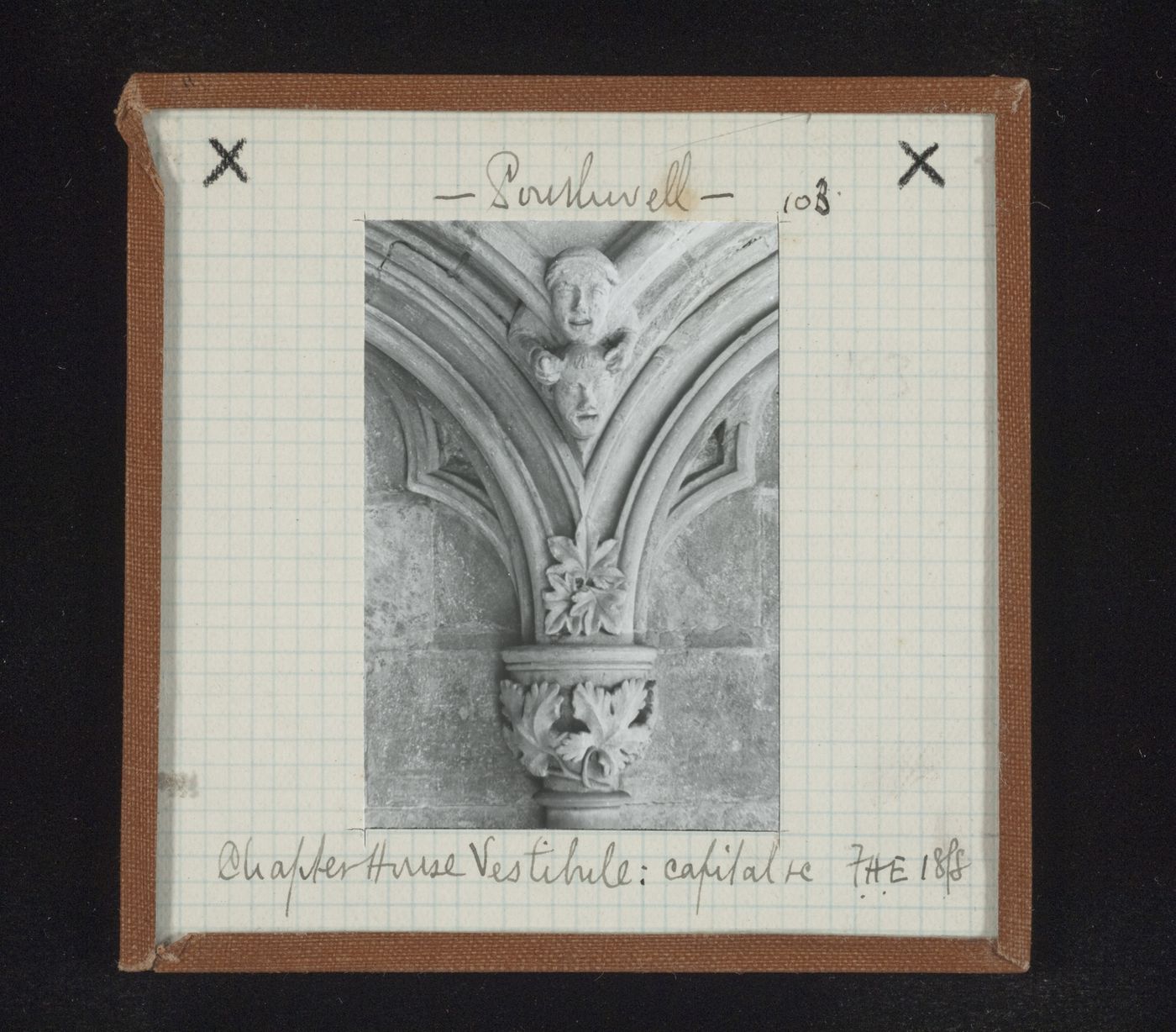 View of capital and sculpture of a demon on a man's head in vestibule of Chapter House, Southwell Minster, Southwell, Nottinghamshire, England